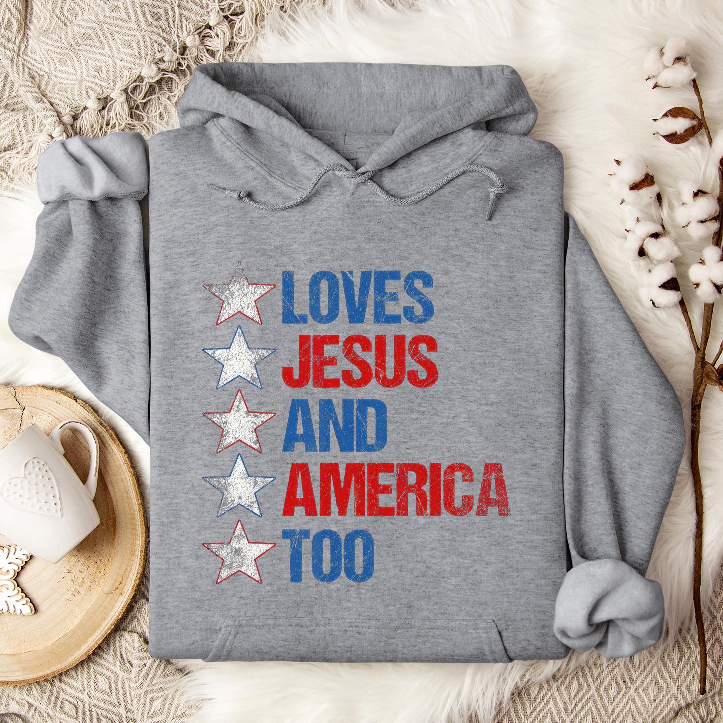 4th Of July Shirt Retro Loves Jesus and America Too Banner 1 Hoodie