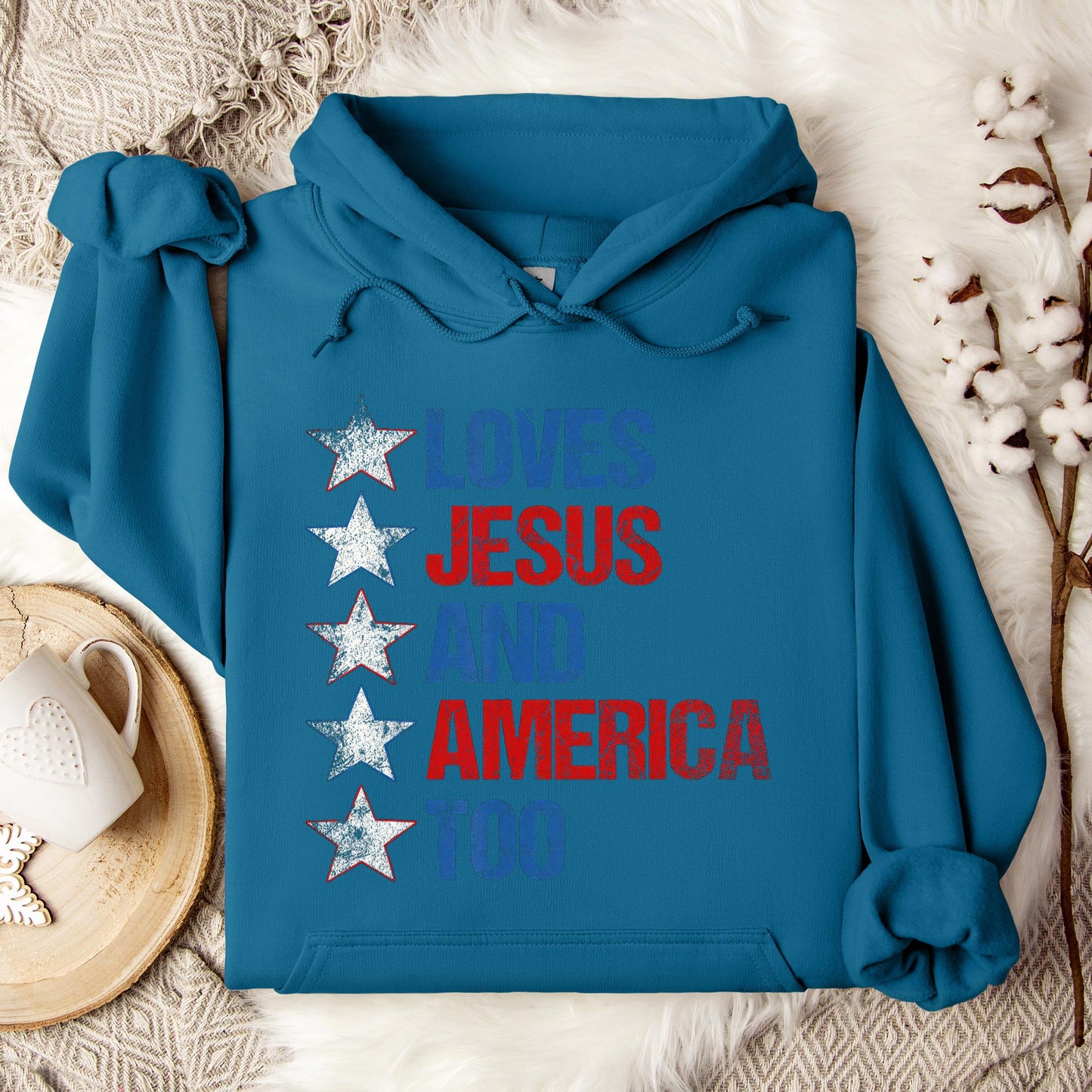 4th Of July Shirt Retro Loves Jesus and America Too Banner 1 Hoodie