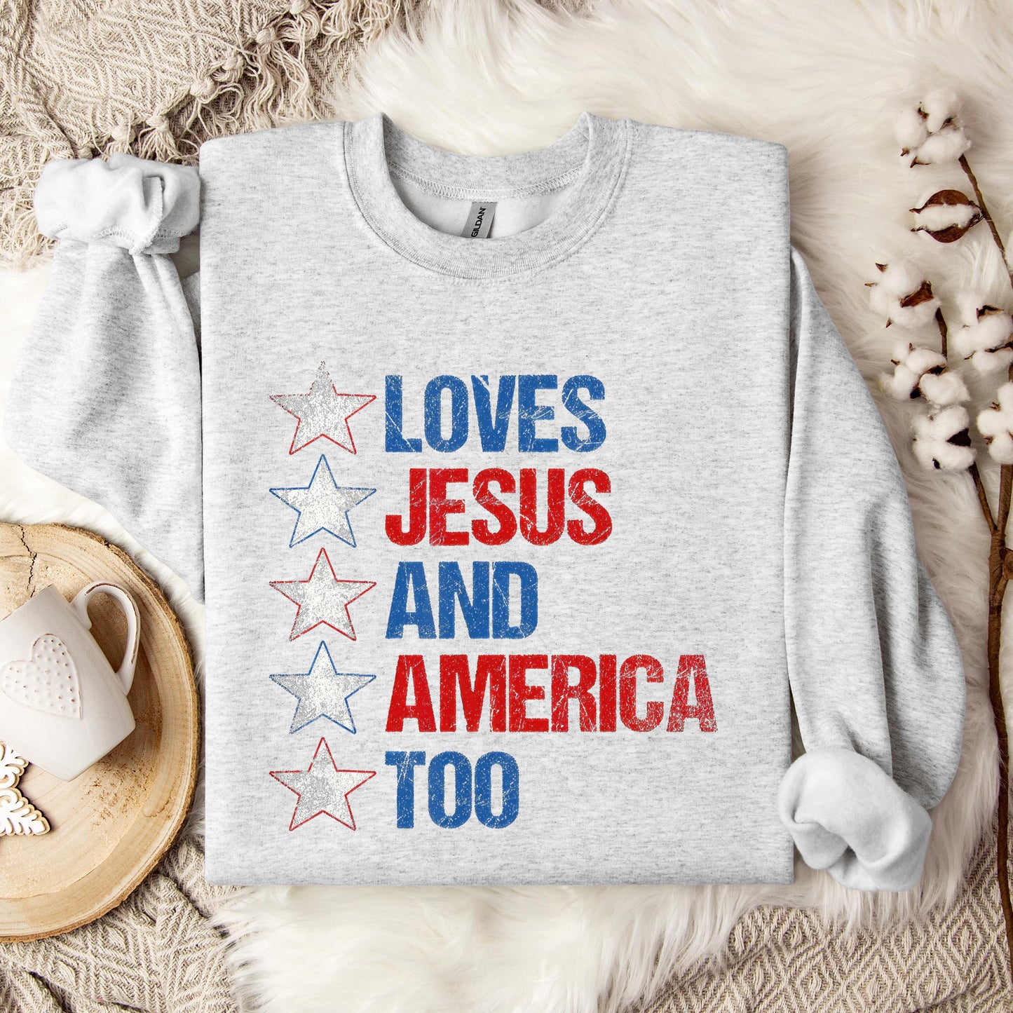 4th Of July Shirt Retro Loves Jesus and America Too Banner 1 Sweatshirt