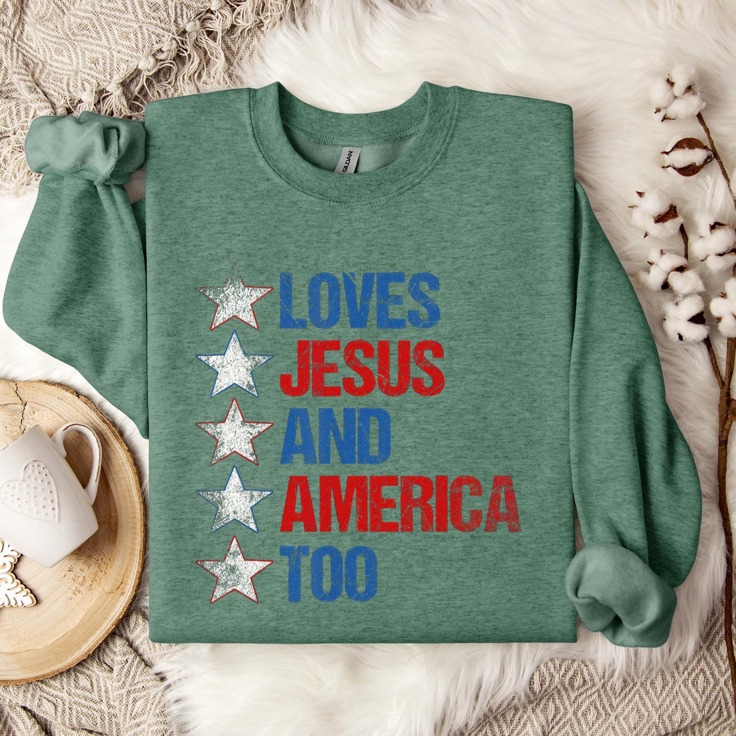 4th Of July Shirt Retro Loves Jesus and America Too Banner 1 Sweatshirt