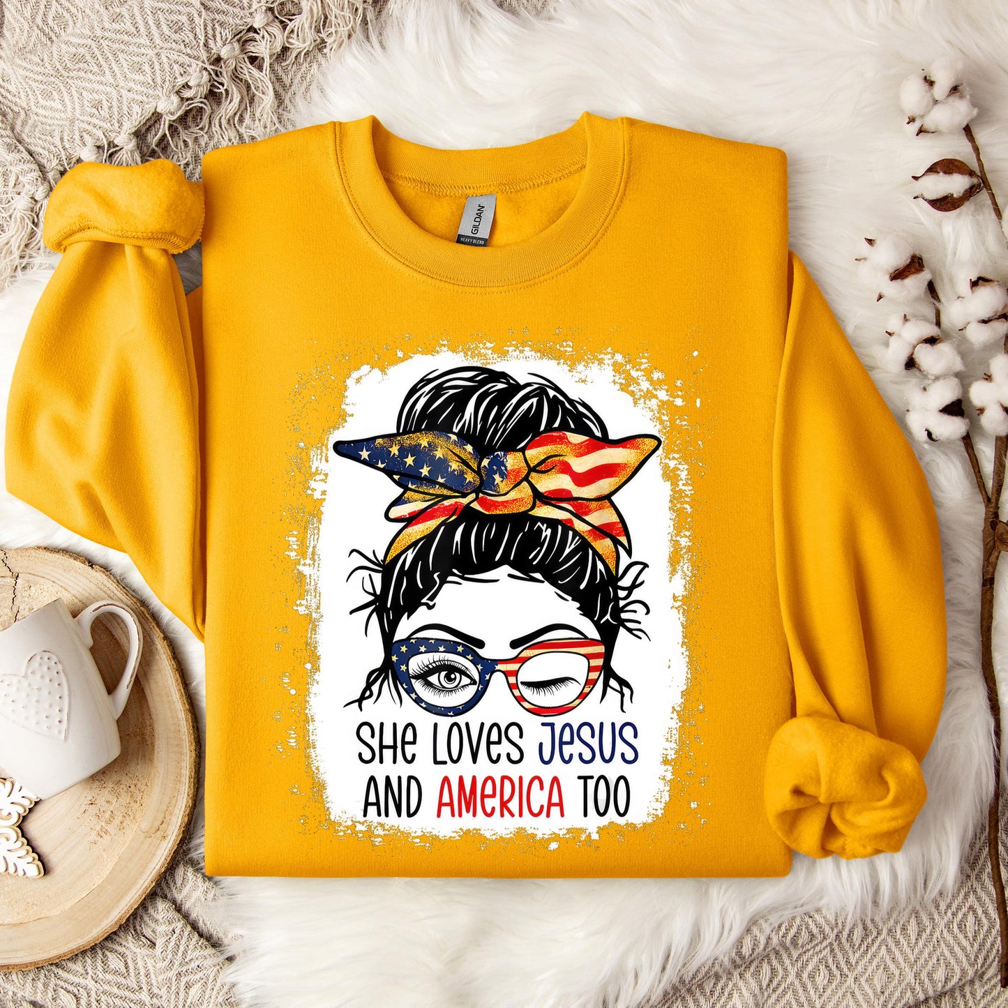 American Flag She Love Jesus America 4th July Christian Girl Sweatshirt