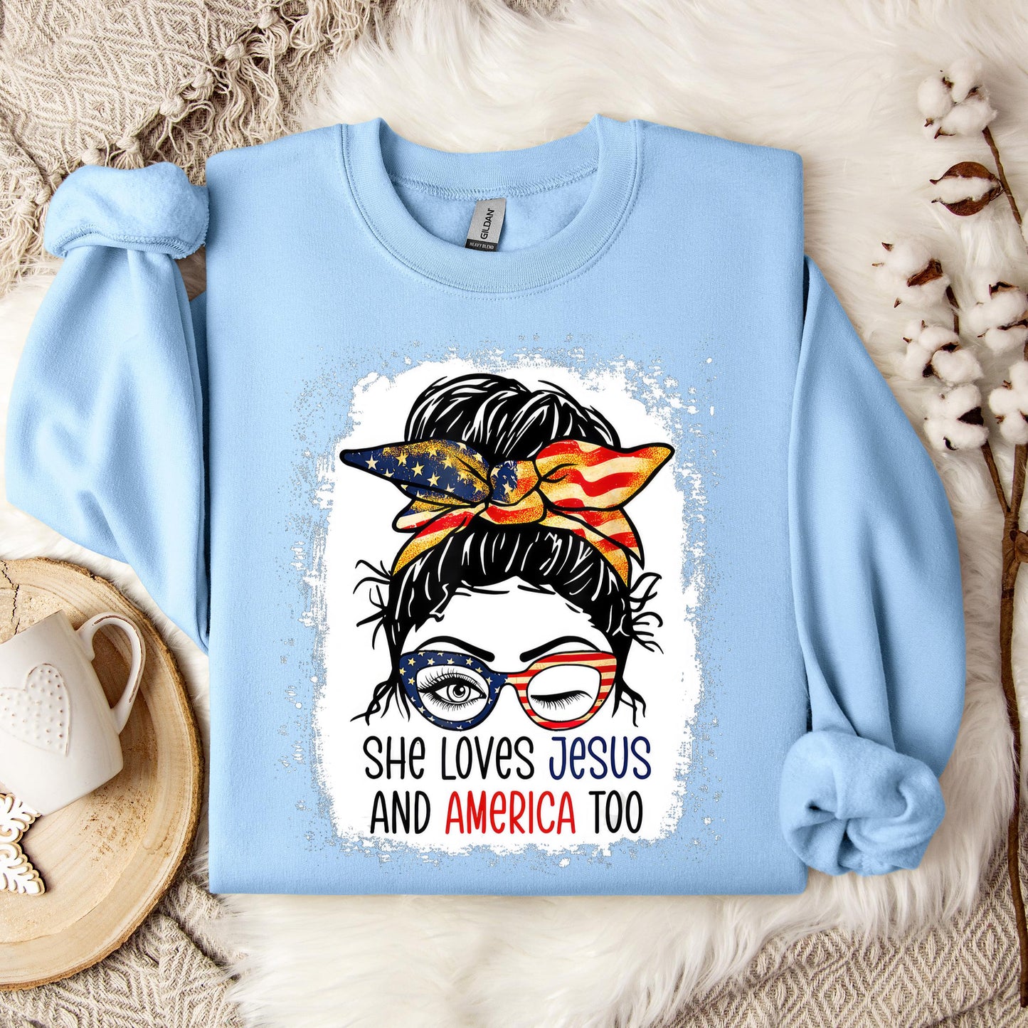 American Flag She Love Jesus America 4th July Christian Girl Sweatshirt