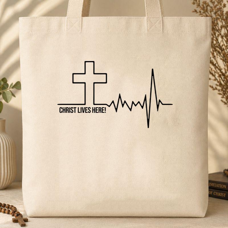 Christ Lives Here Heartbeat Tote Bag