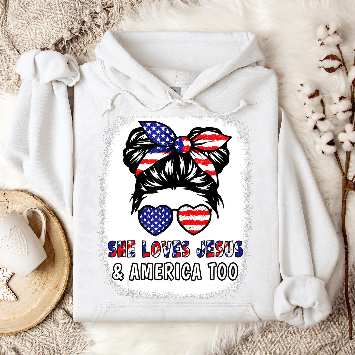 Christian 4th July Shirt Love Jesus & America USA Flag Girl Hoodie