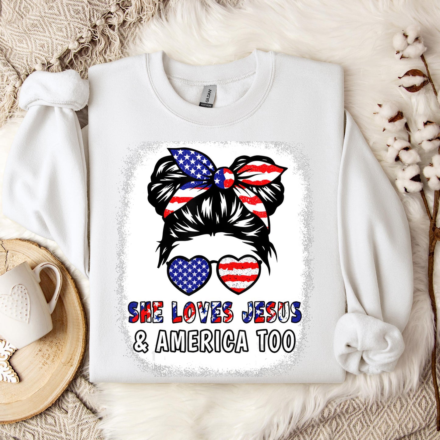 Christian 4th July Shirt Love Jesus & America USA Flag Girl Sweatshirt