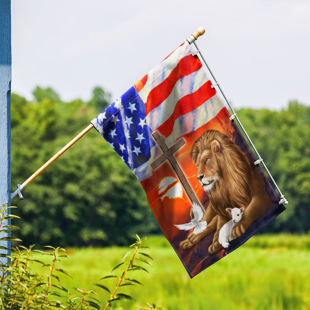 Lion and Lamb Christian Cross American Flag