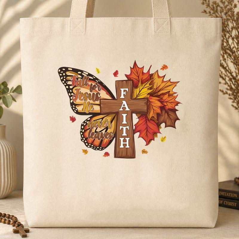 Fall For Jesus He Never Leaves Faith Cross Tote Bag