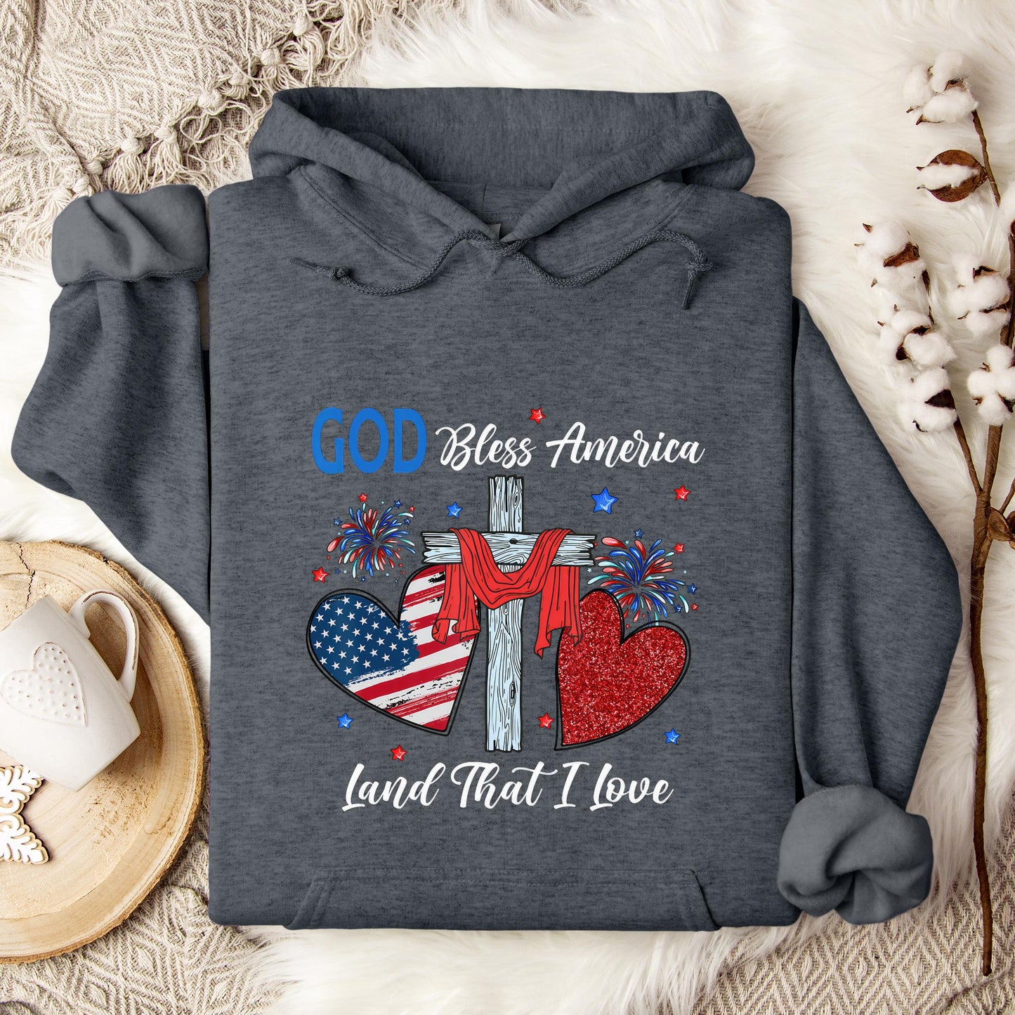 God Bless America Christian Heart Cross Jesus 4th Of July Hoodie