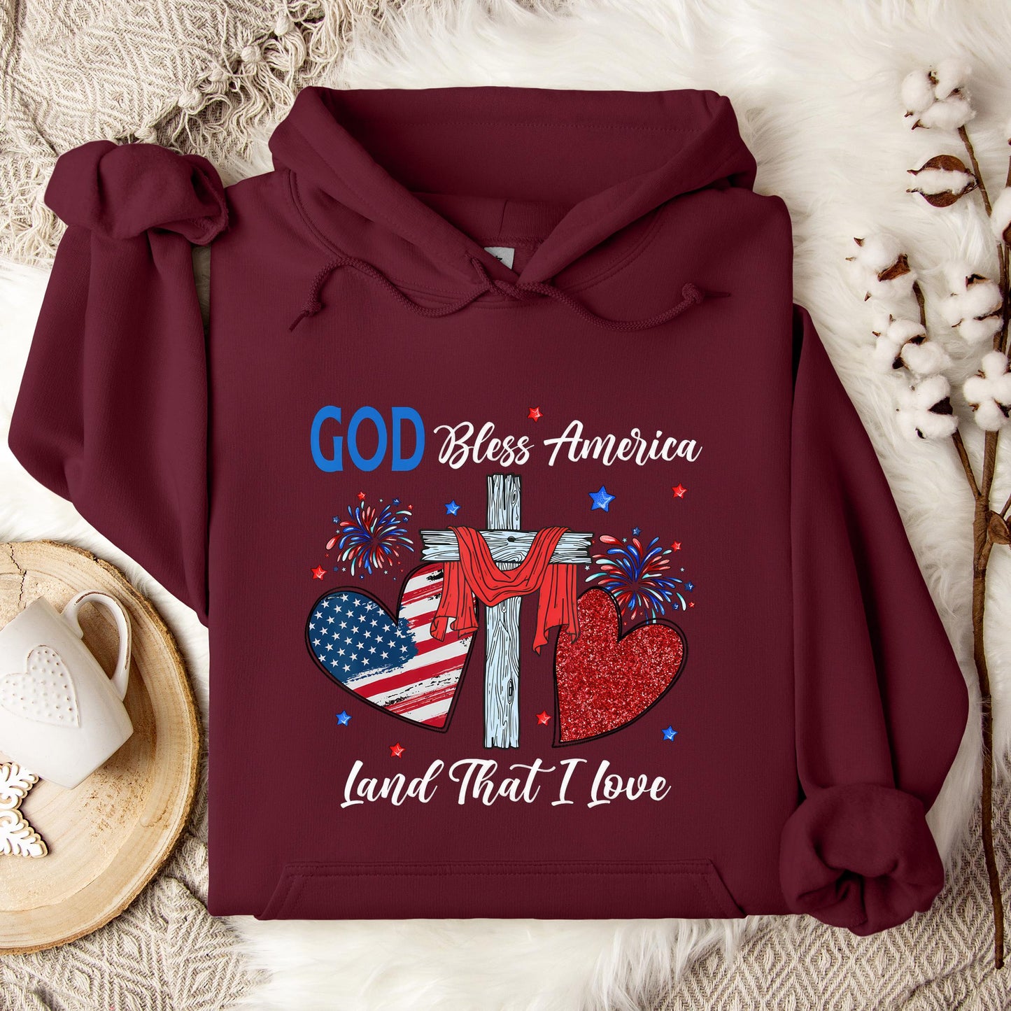 God Bless America Christian Heart Cross Jesus 4th Of July Hoodie