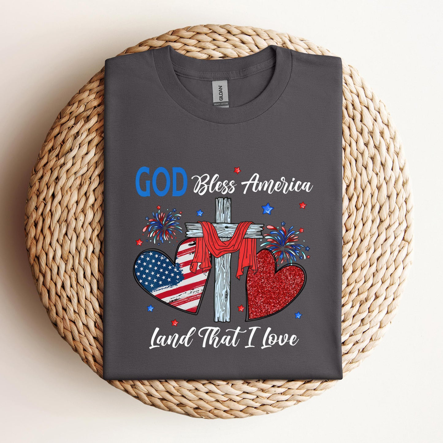 God Bless America Christian Heart Cross Jesus 4th Of July