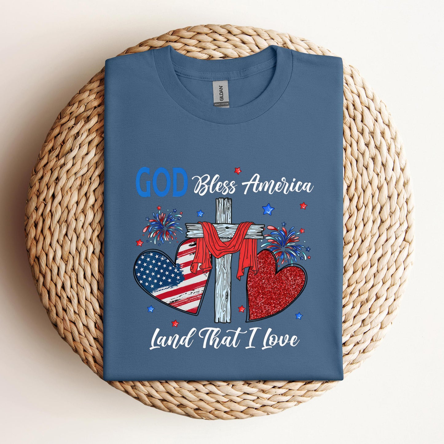 God Bless America Christian Heart Cross Jesus 4th Of July