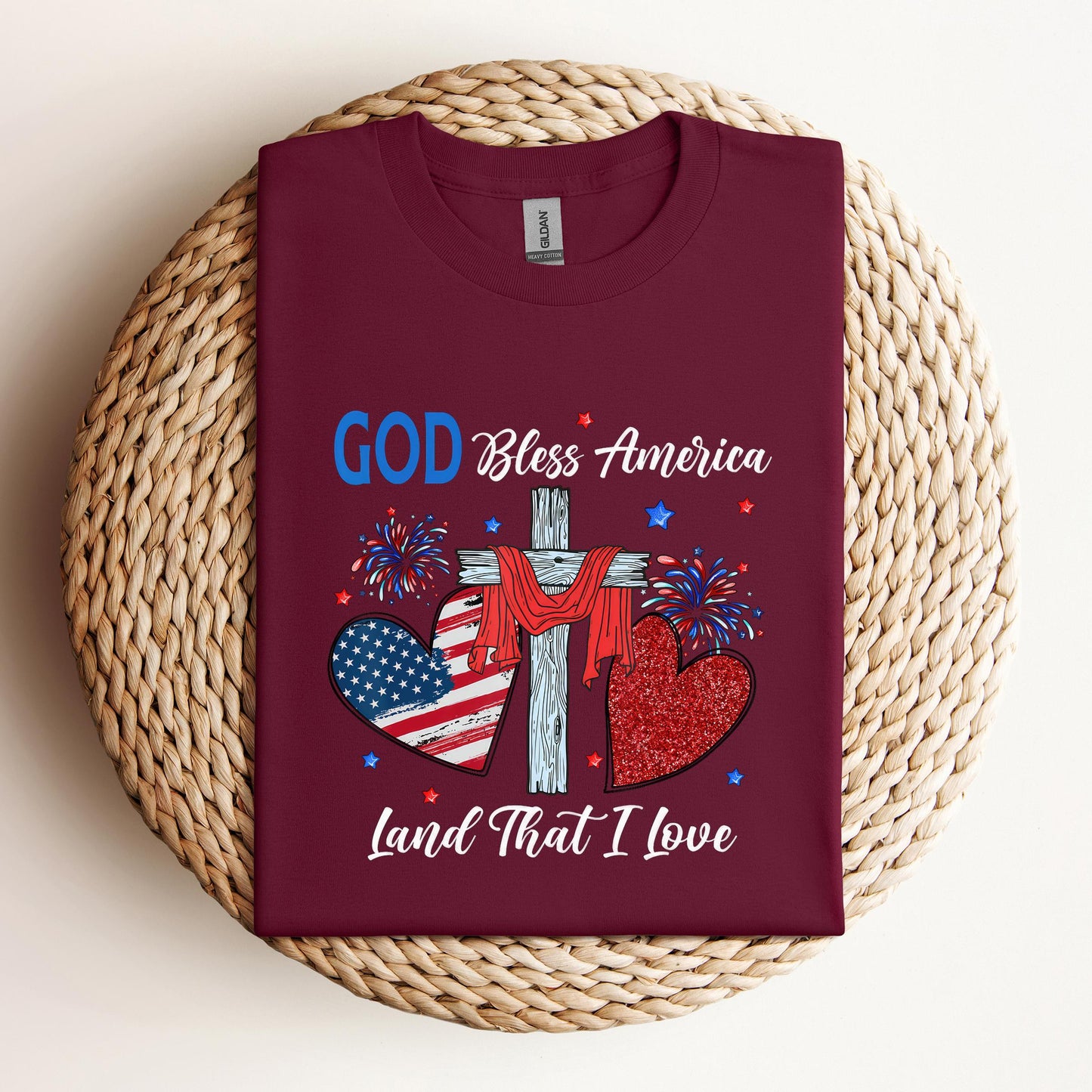 God Bless America Christian Heart Cross Jesus 4th Of July