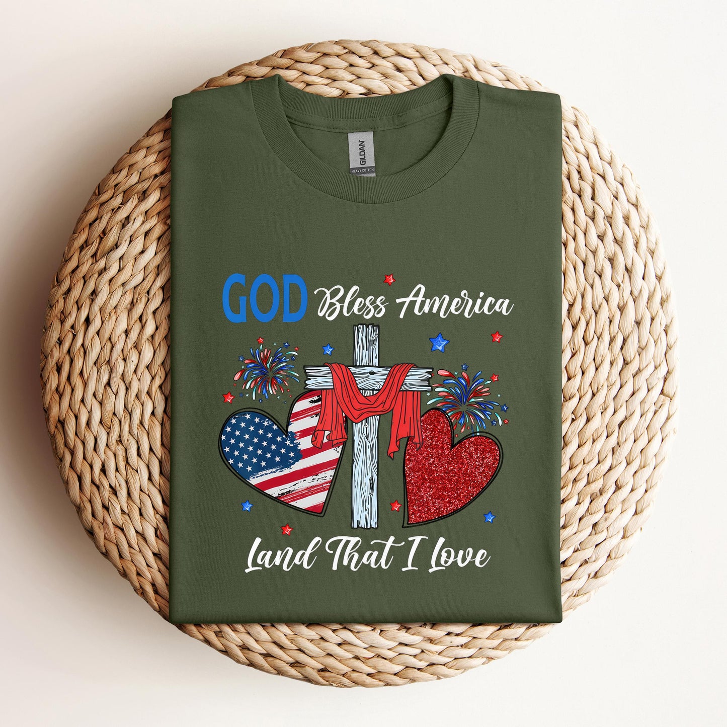 God Bless America Christian Heart Cross Jesus 4th Of July