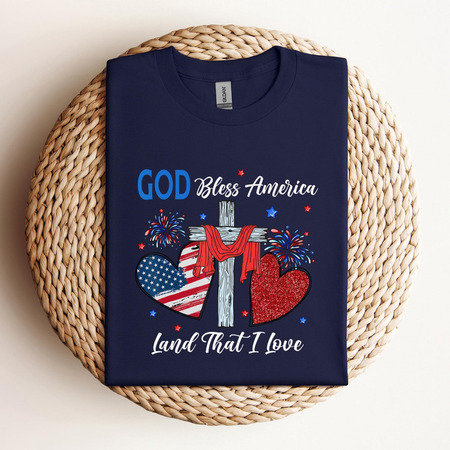 God Bless America Christian Heart Cross Jesus 4th Of July