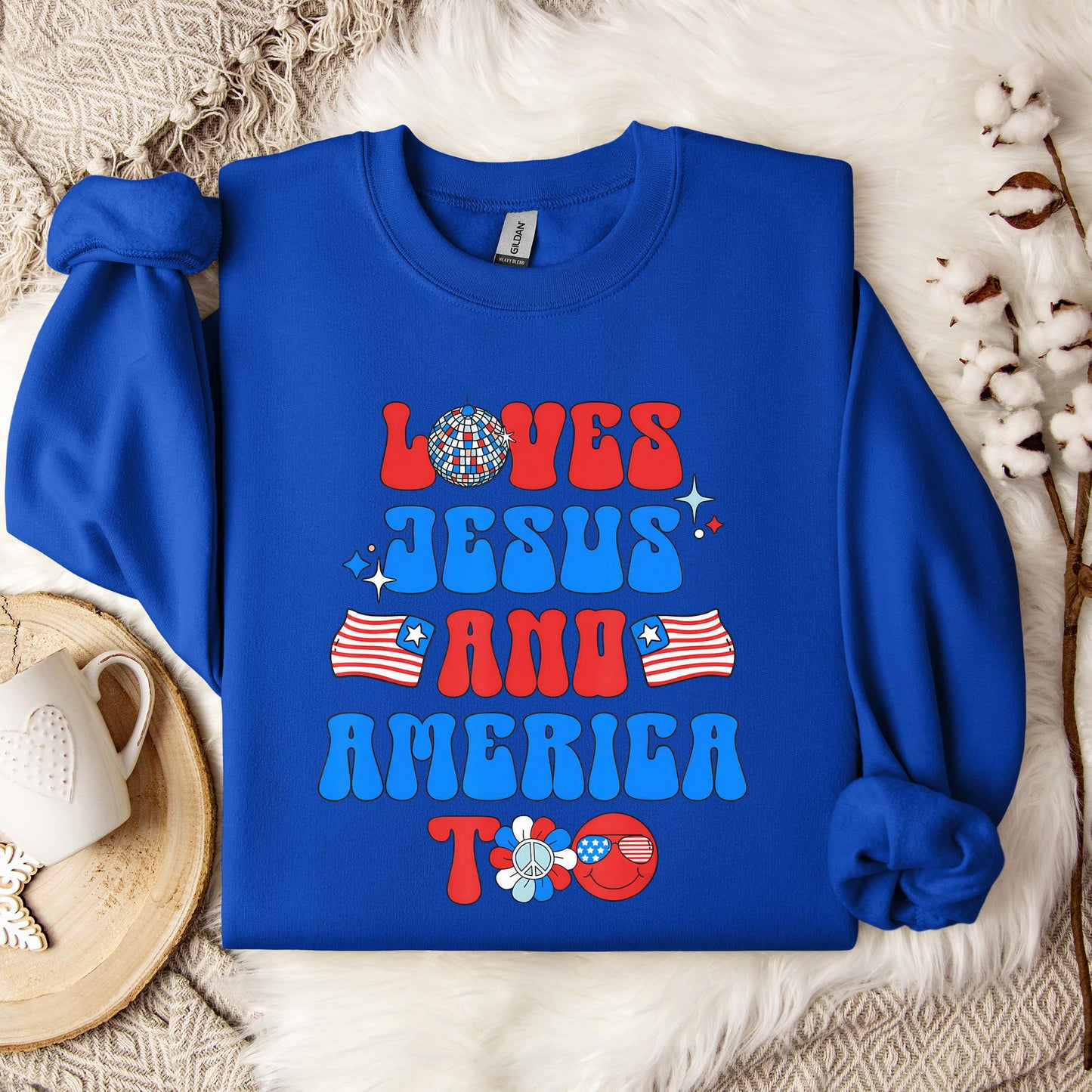 Groovy 70s Retro Loves Jesus and America Too Sweatshirt