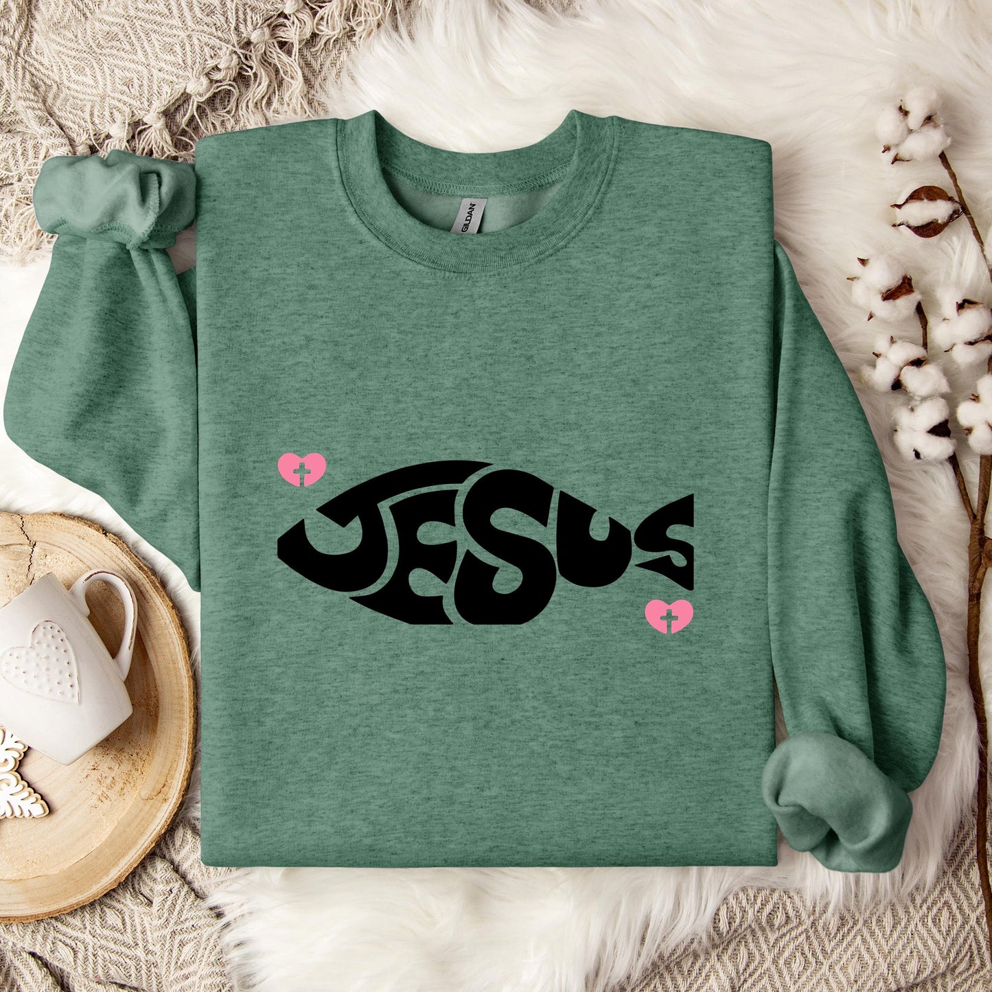 Jesus Fish Cross In Heart Sweatshirt