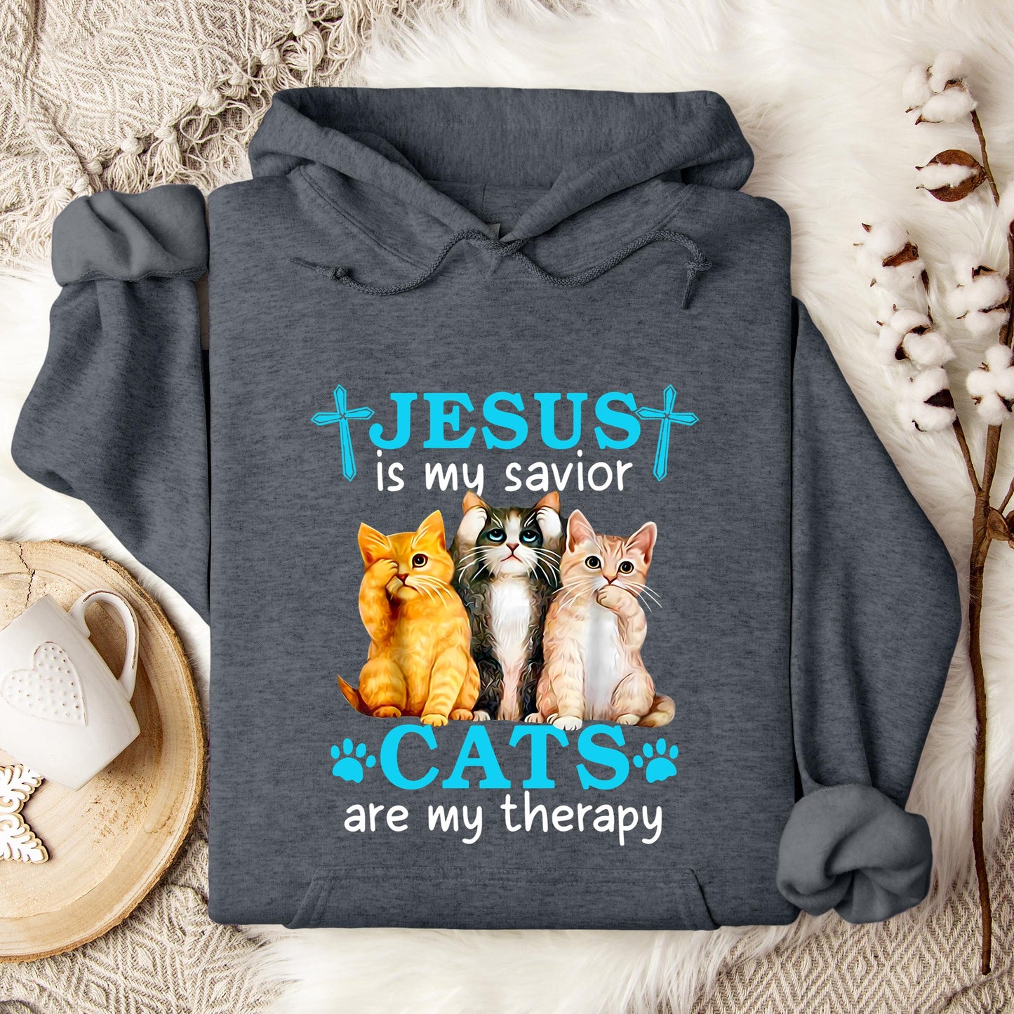 Jesus Is My Savior Cats Are My Therapy Hoodie