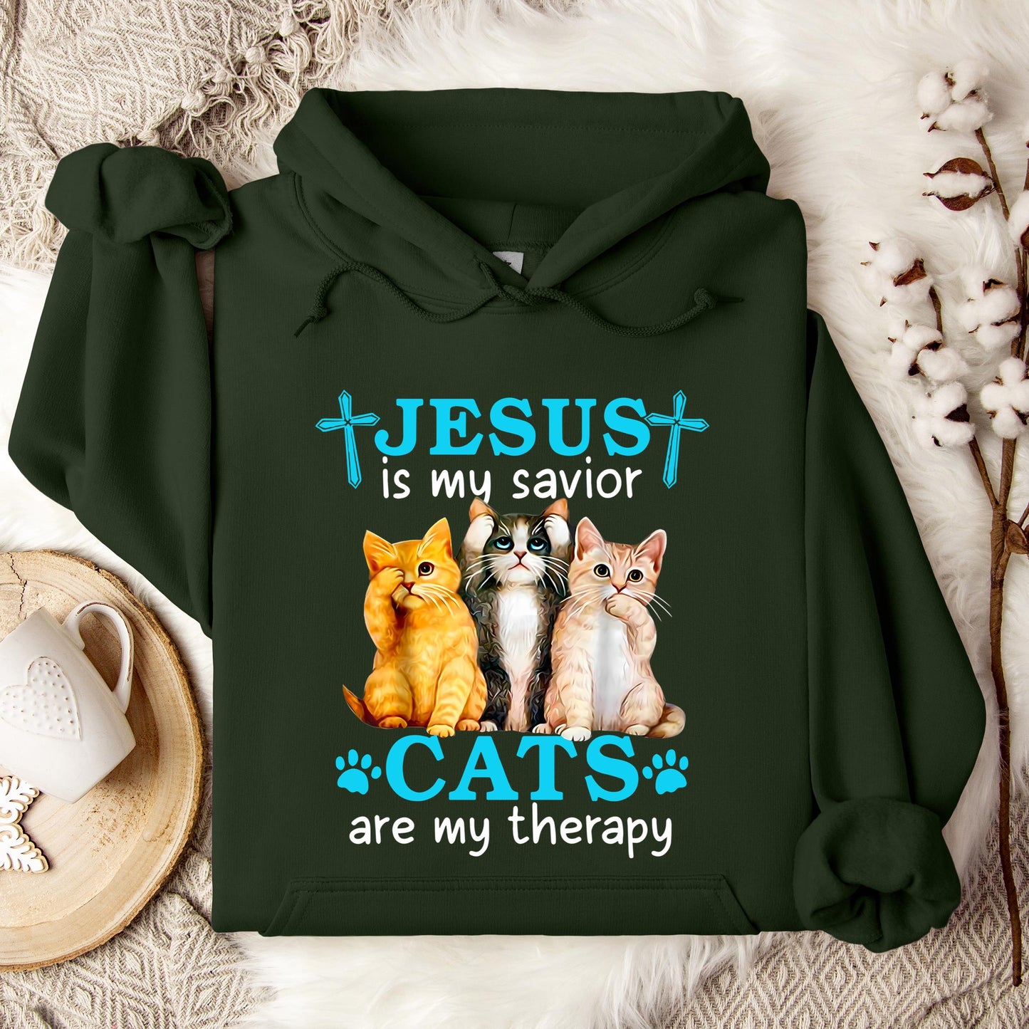 Jesus Is My Savior Cats Are My Therapy Hoodie