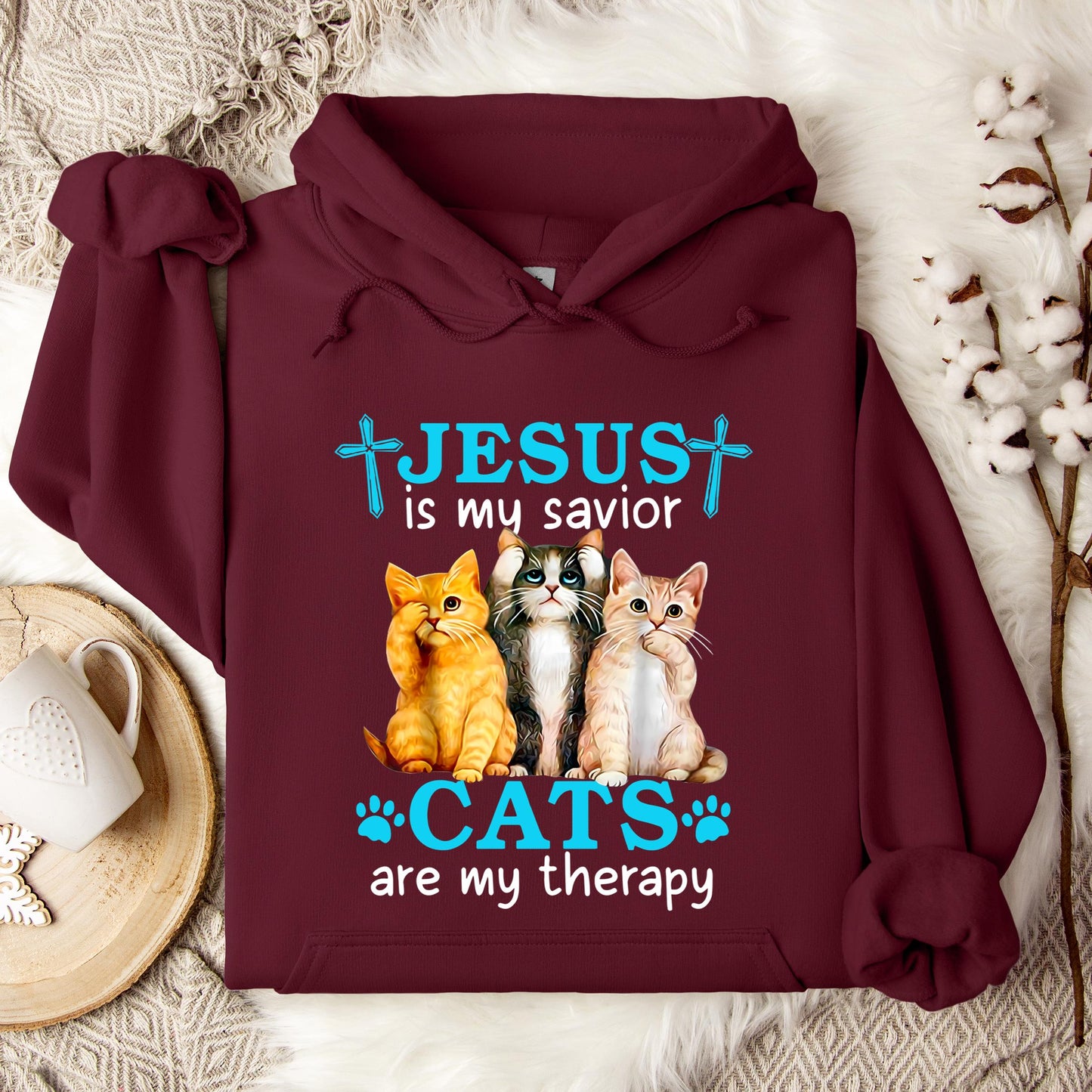 Jesus Is My Savior Cats Are My Therapy Hoodie