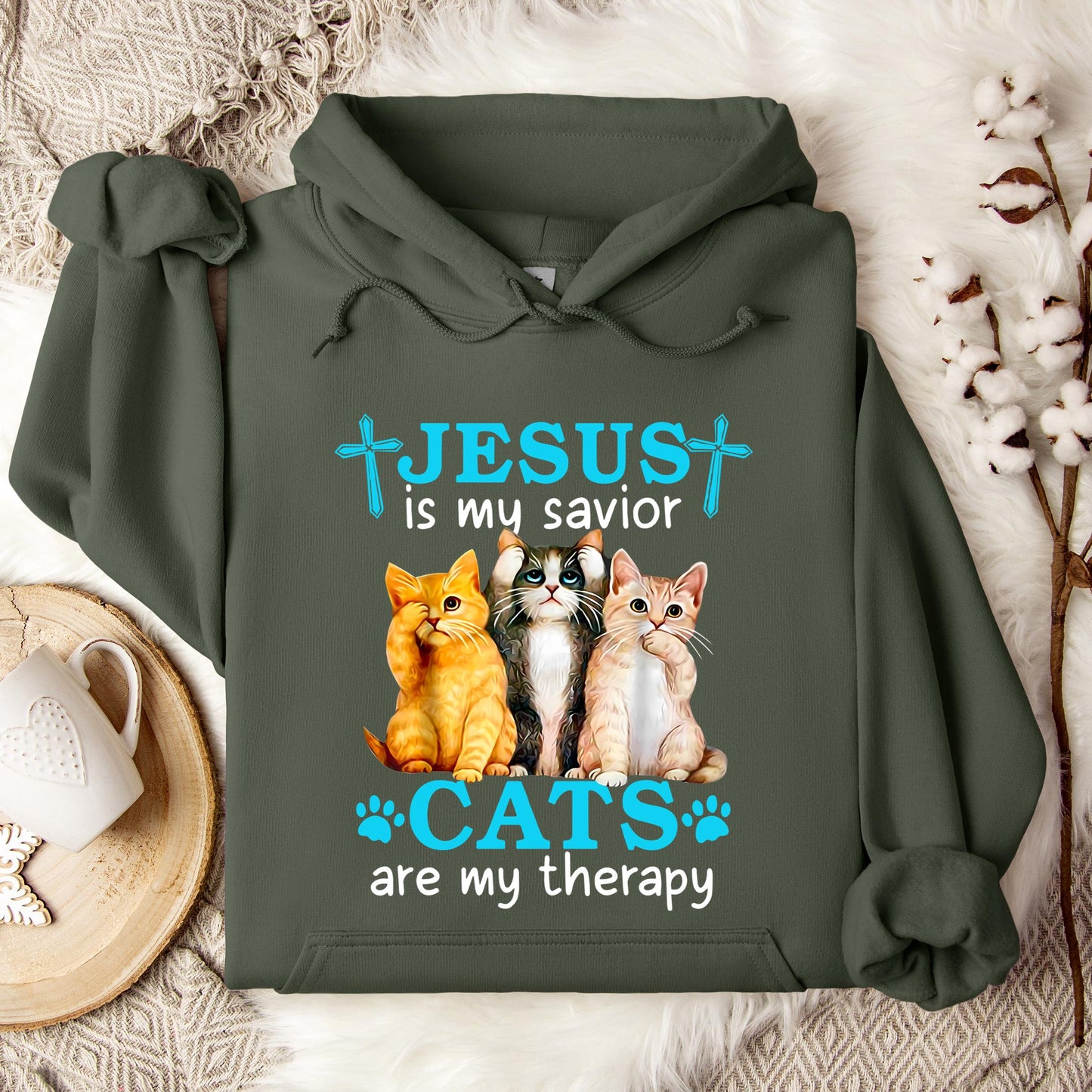 Jesus Is My Savior Cats Are My Therapy Hoodie