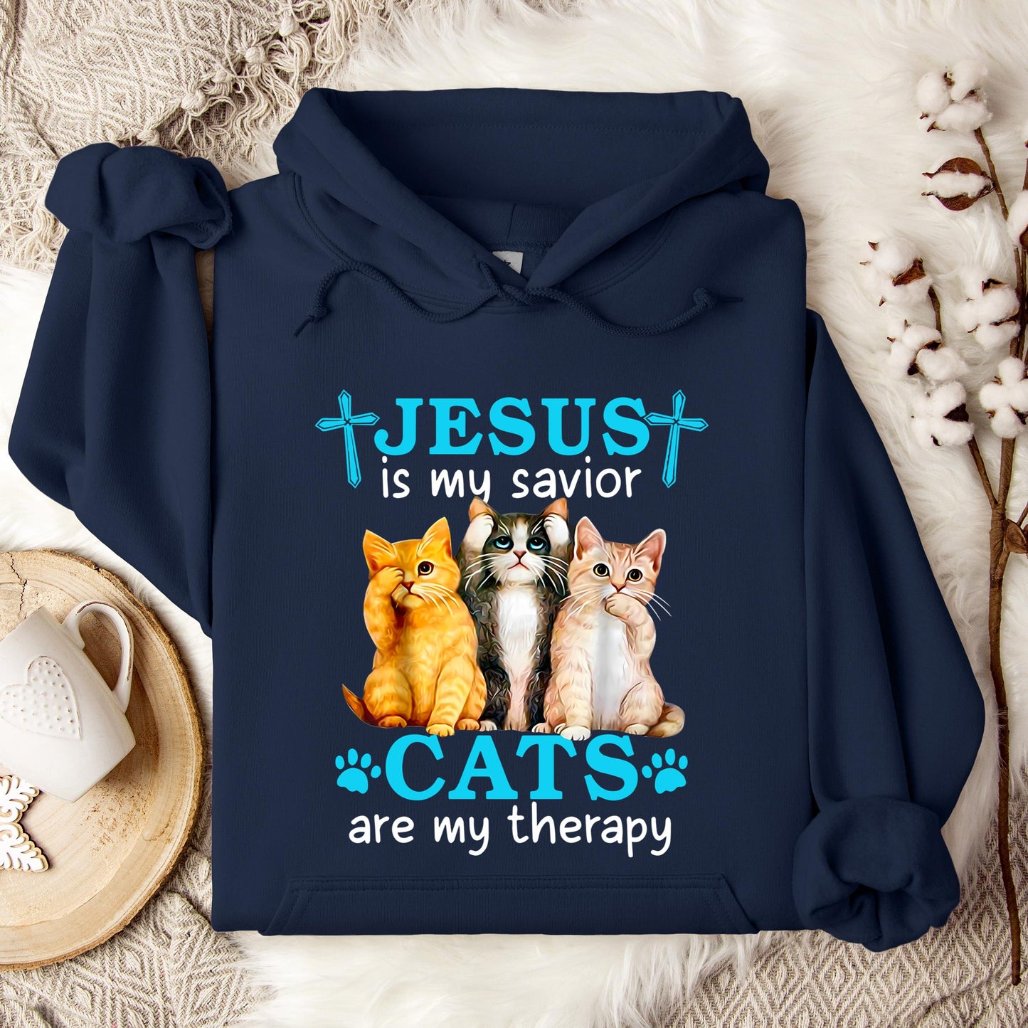Jesus Is My Savior Cats Are My Therapy Hoodie