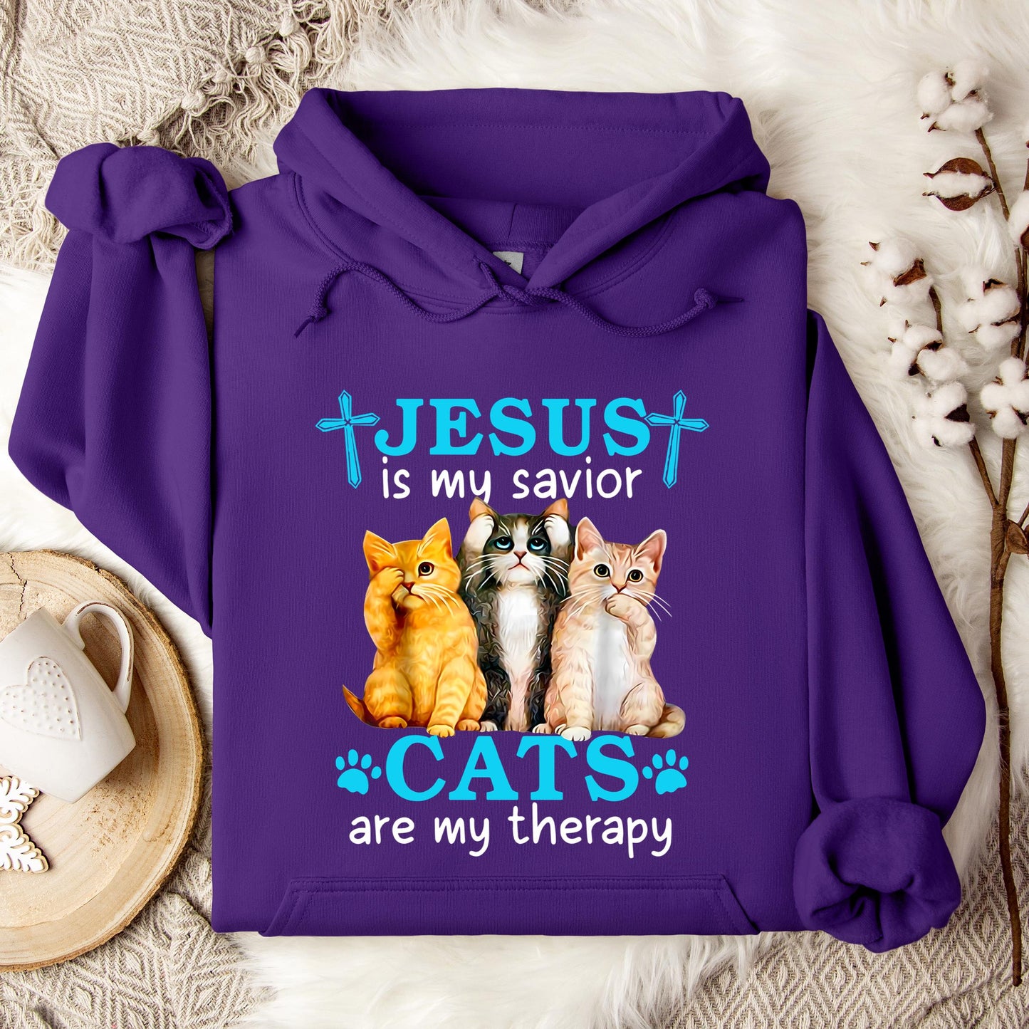 Jesus Is My Savior Cats Are My Therapy Hoodie