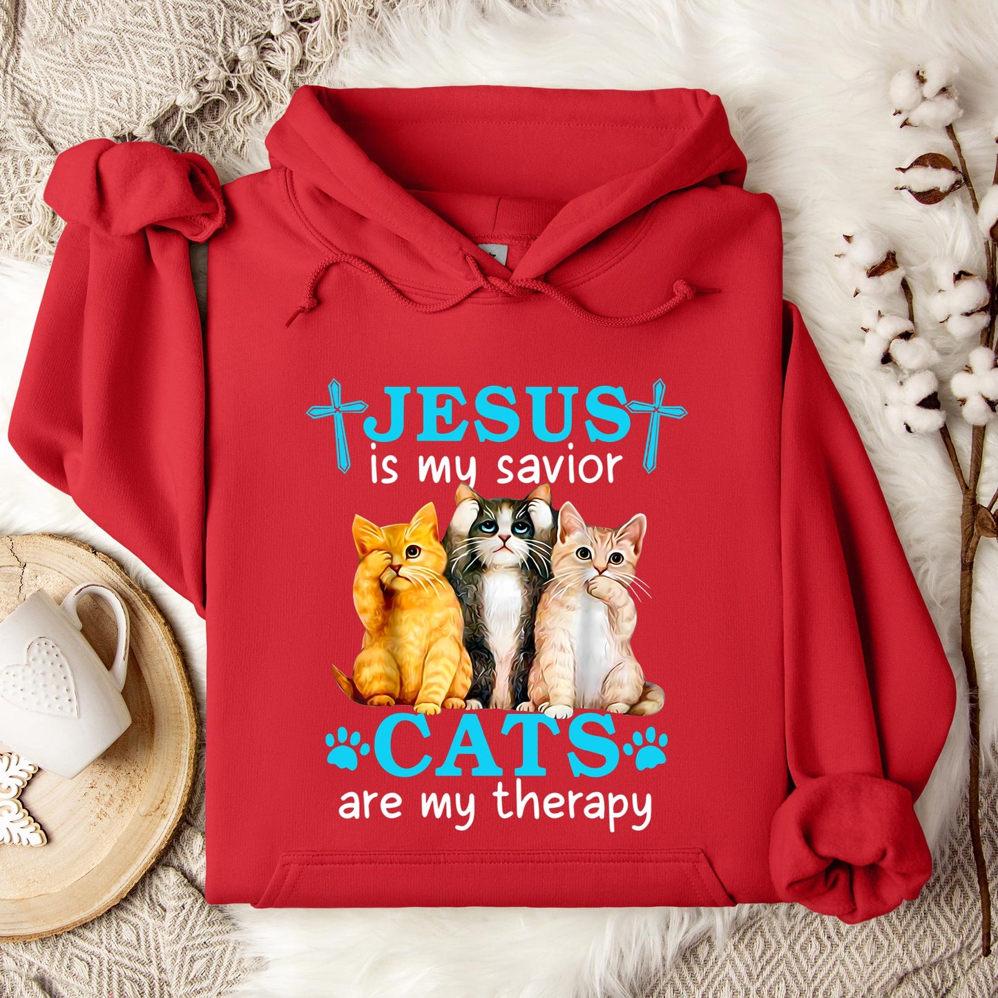 Jesus Is My Savior Cats Are My Therapy Hoodie