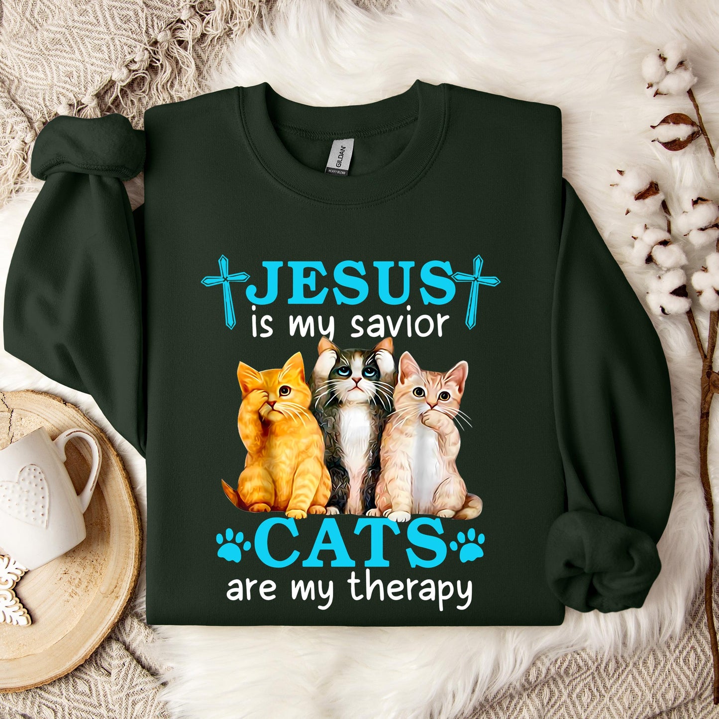 Jesus Is My Savior Cats Are My Therapy Sweatshirt