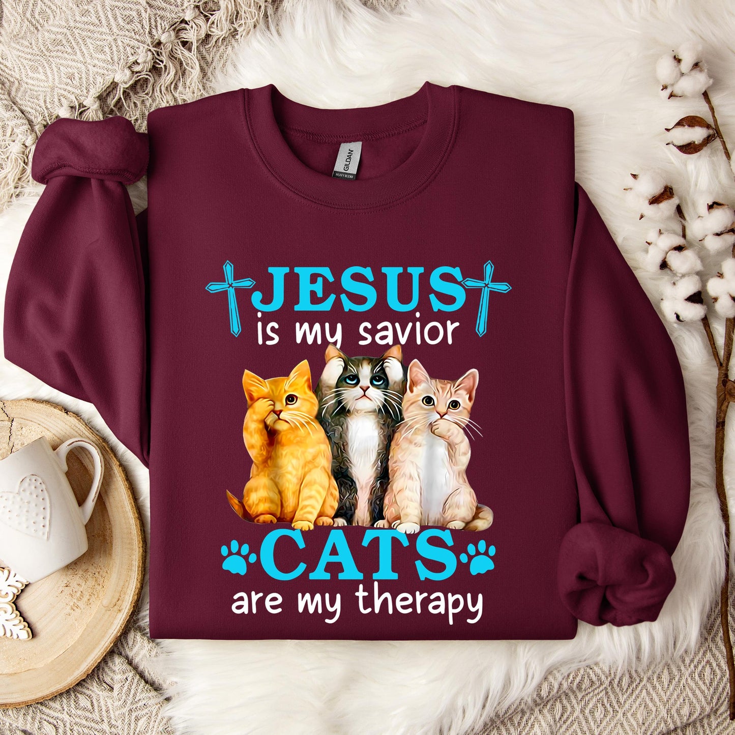 Jesus Is My Savior Cats Are My Therapy Sweatshirt