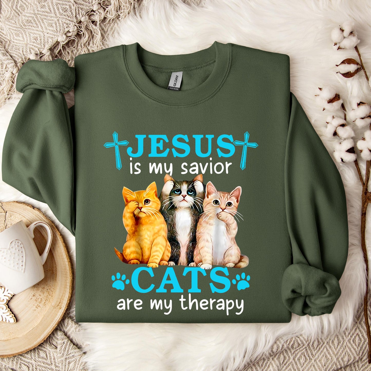 Jesus Is My Savior Cats Are My Therapy Sweatshirt