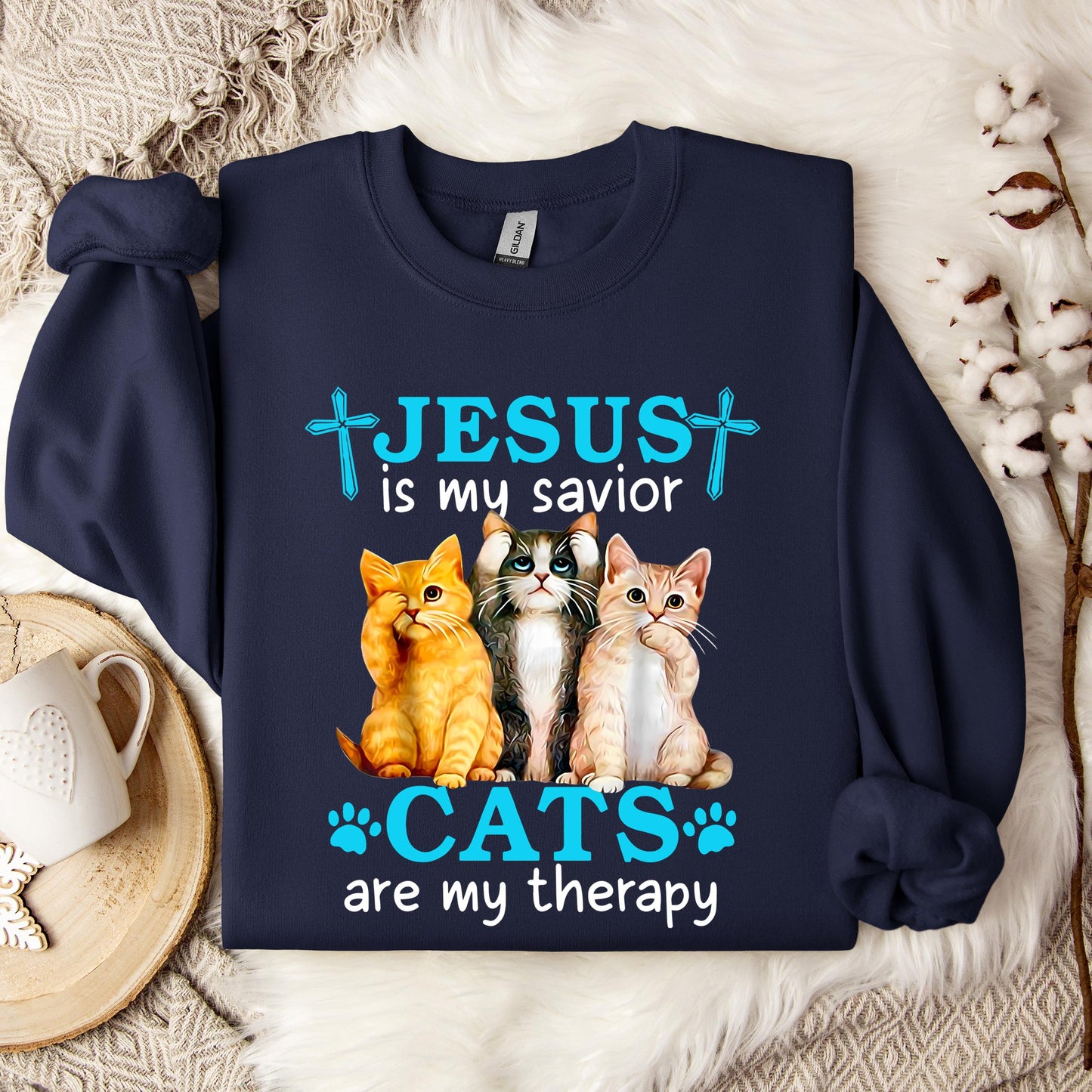 Jesus Is My Savior Cats Are My Therapy Sweatshirt