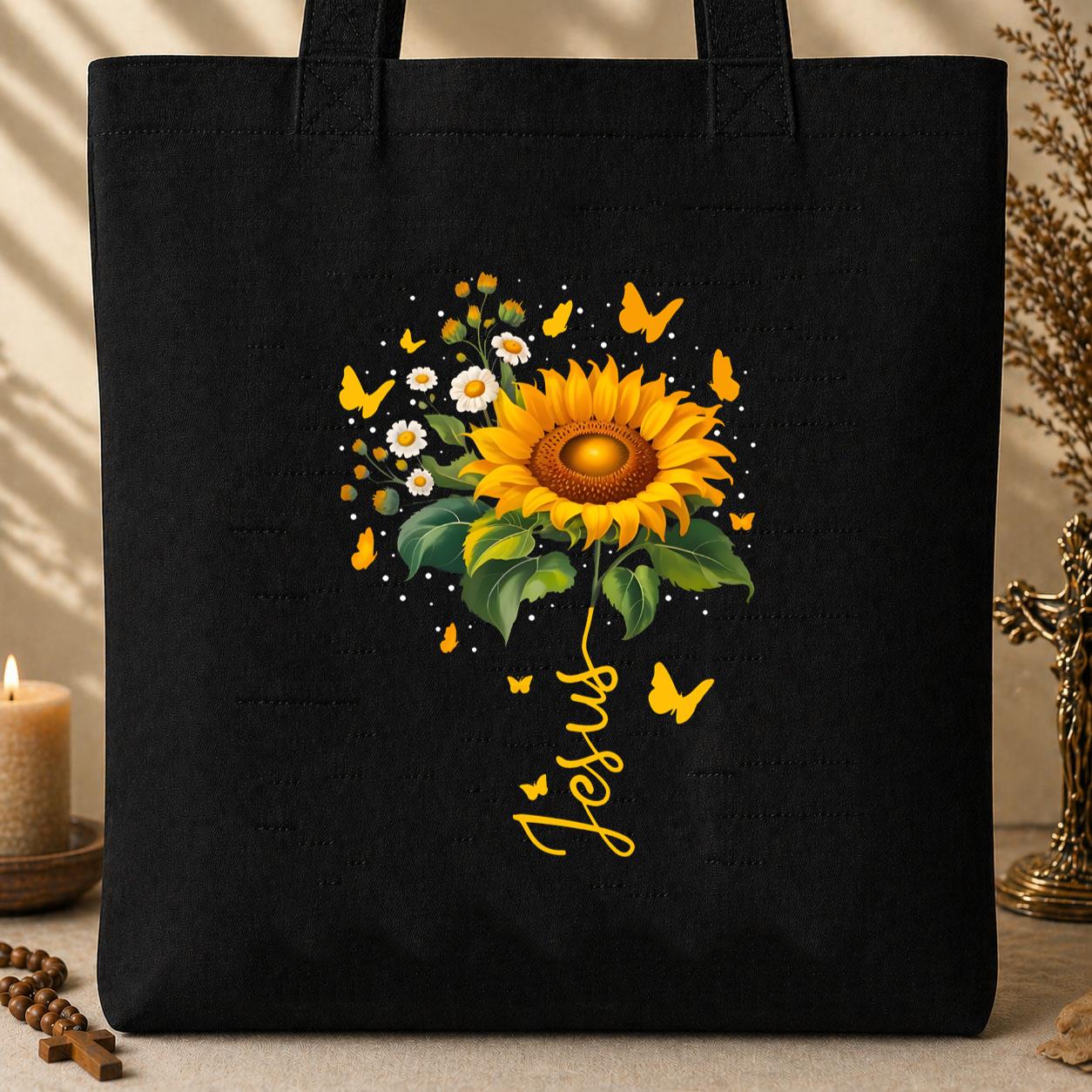 Jesus Sunflower And Butterflies Tote Bag