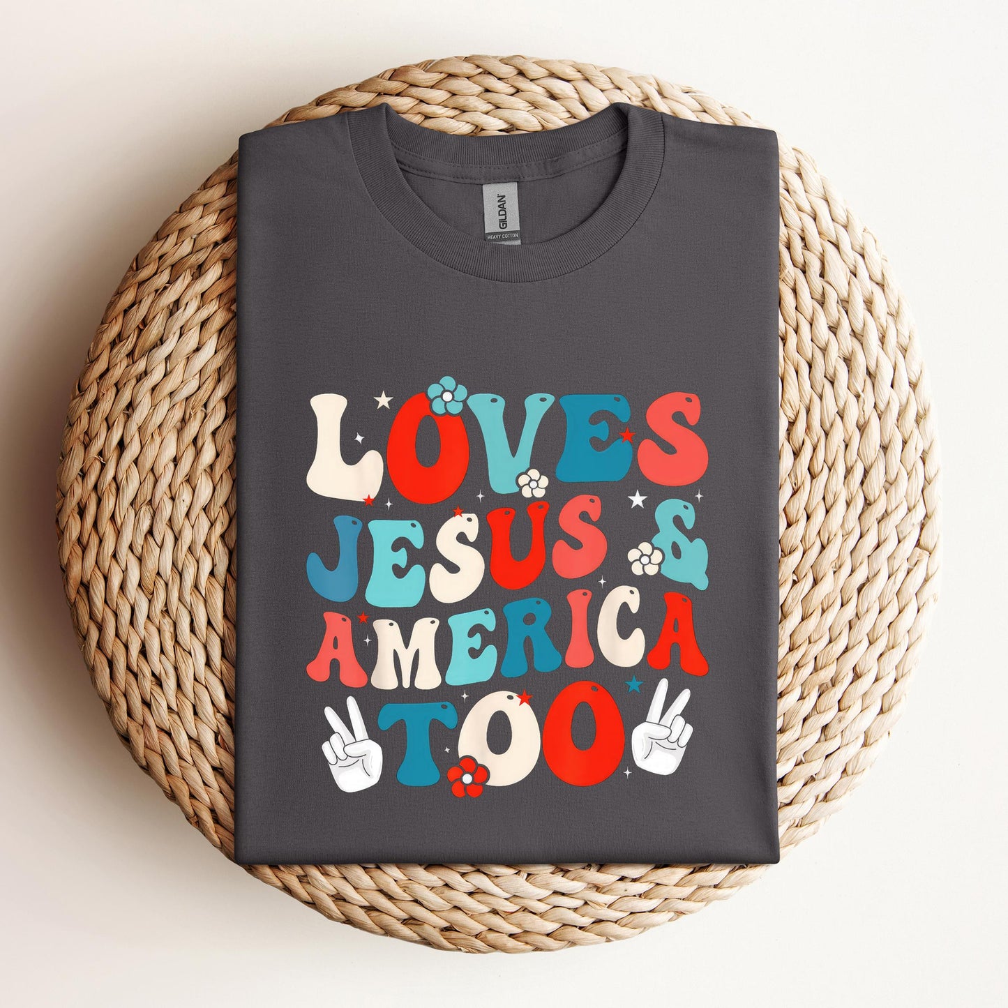 Loves Jesus and America Too Groovy 4th of July God Christian