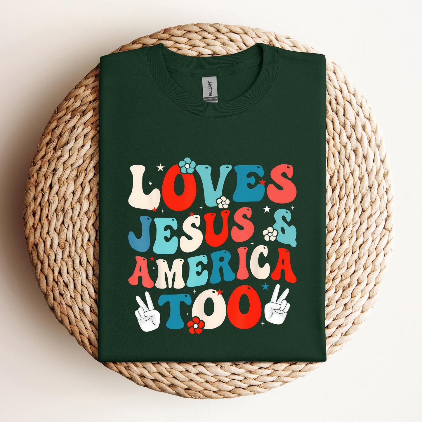 Loves Jesus and America Too Groovy 4th of July God Christian
