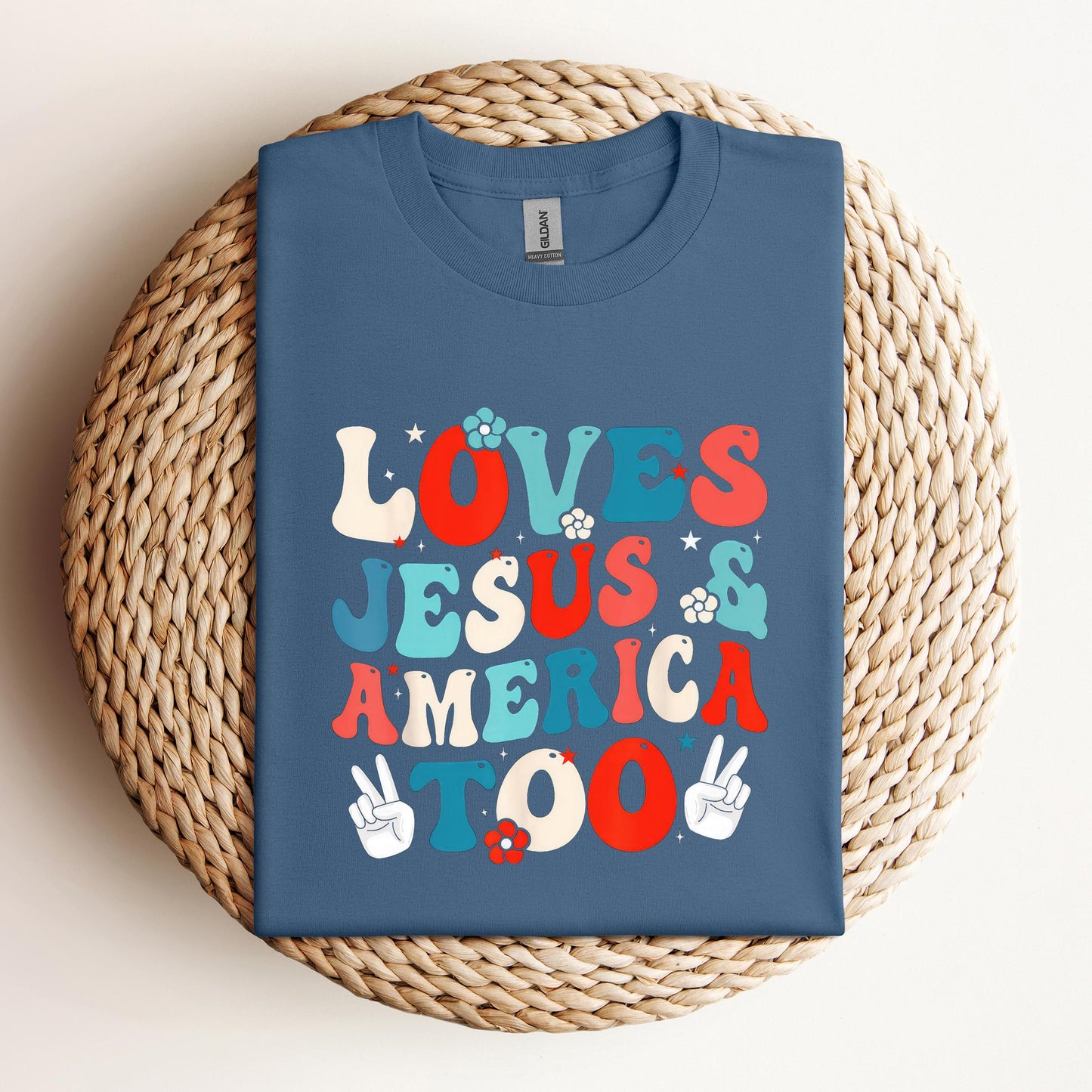 Loves Jesus and America Too Groovy 4th of July God Christian