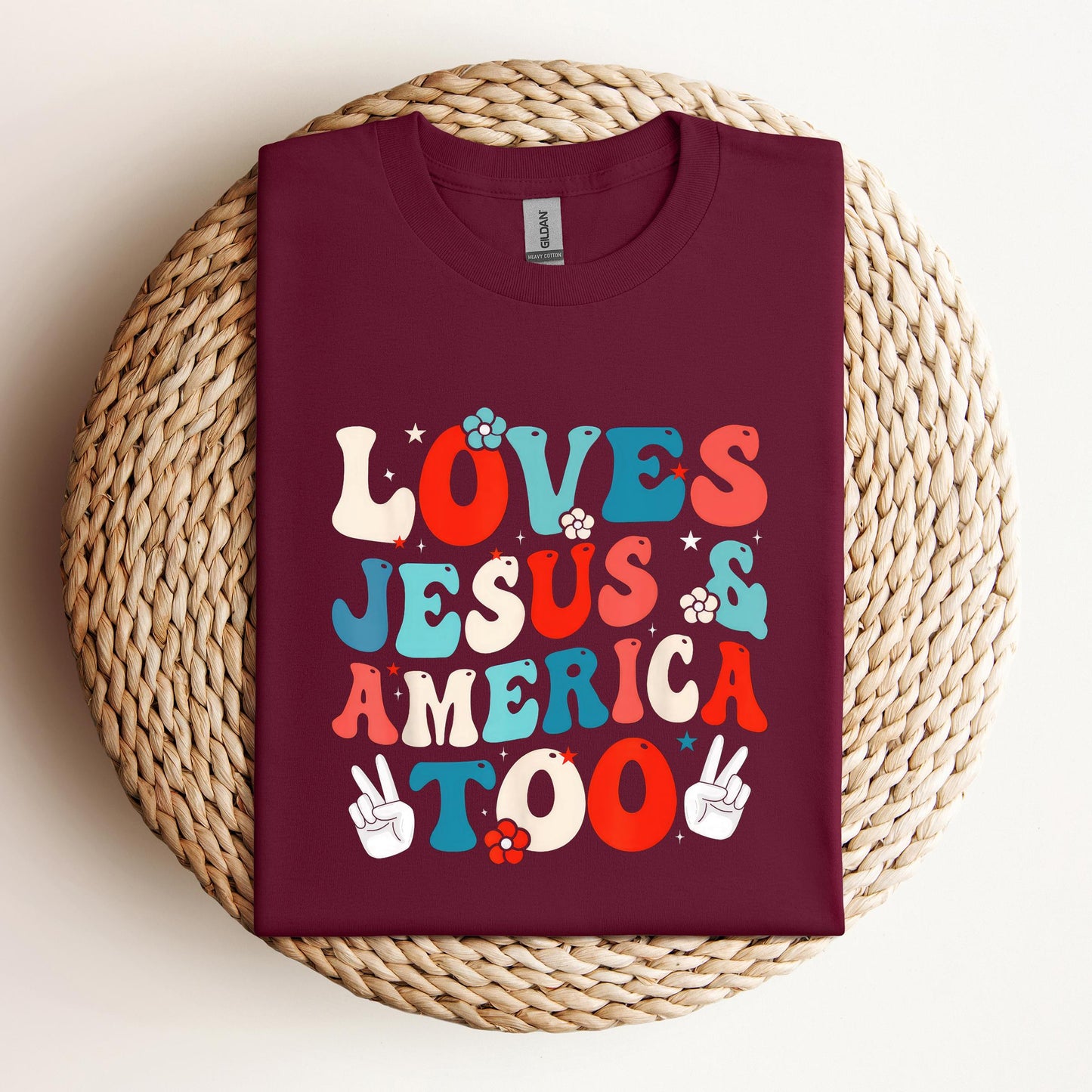 Loves Jesus and America Too Groovy 4th of July God Christian