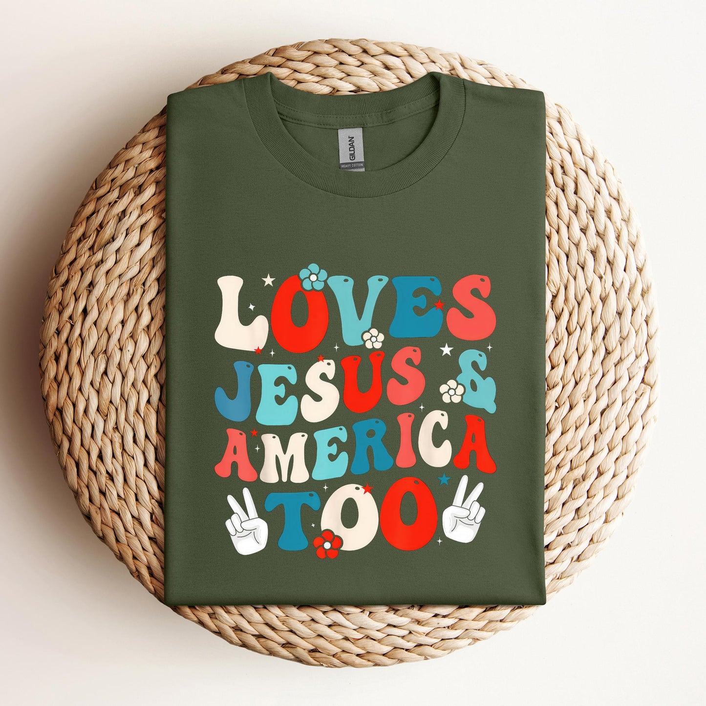 Loves Jesus and America Too Groovy 4th of July God Christian