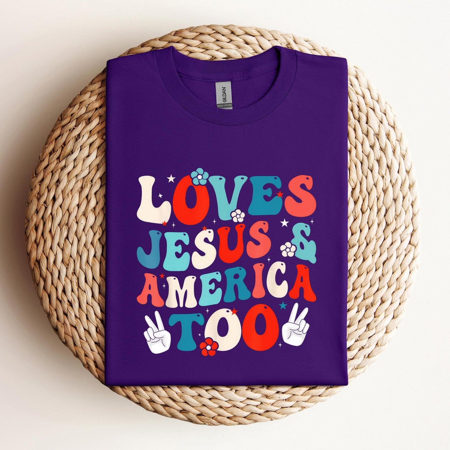 Loves Jesus and America Too Groovy 4th of July God Christian