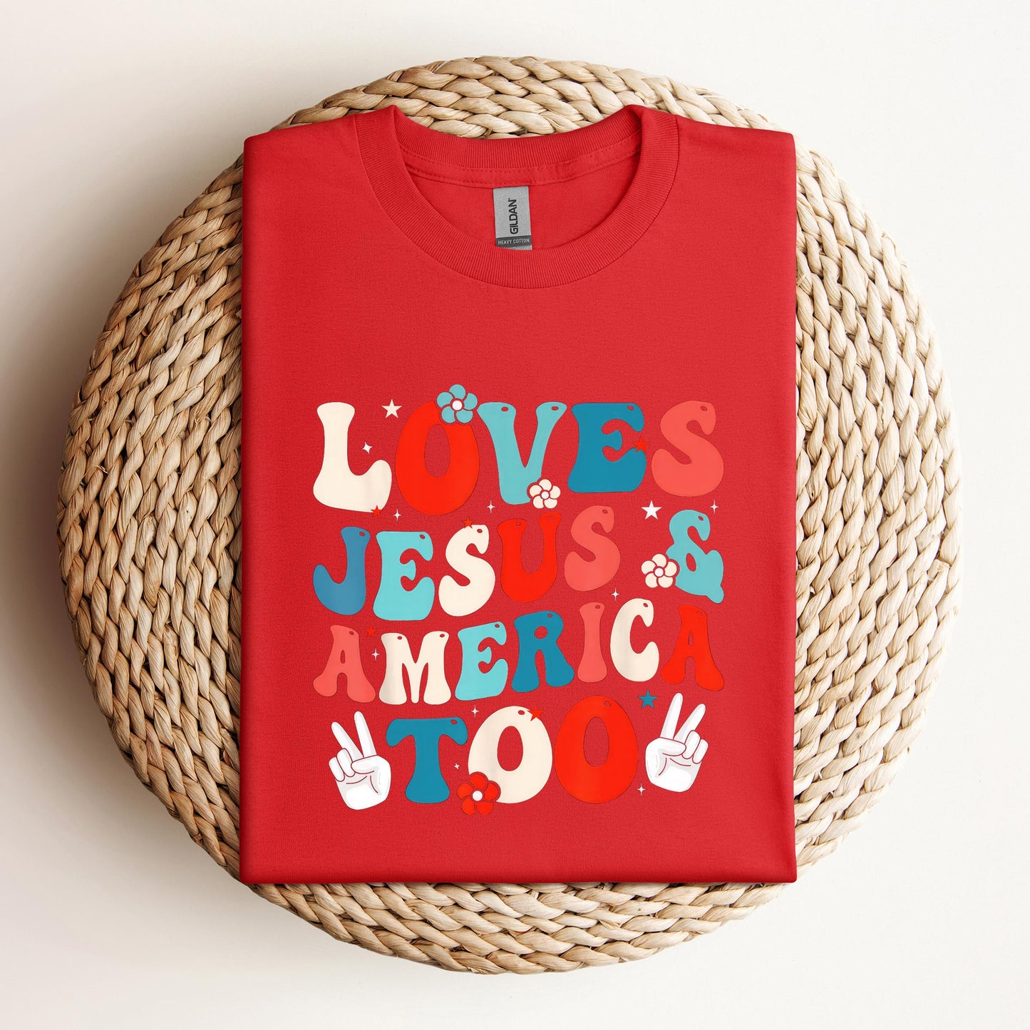 Loves Jesus and America Too Groovy 4th of July God Christian