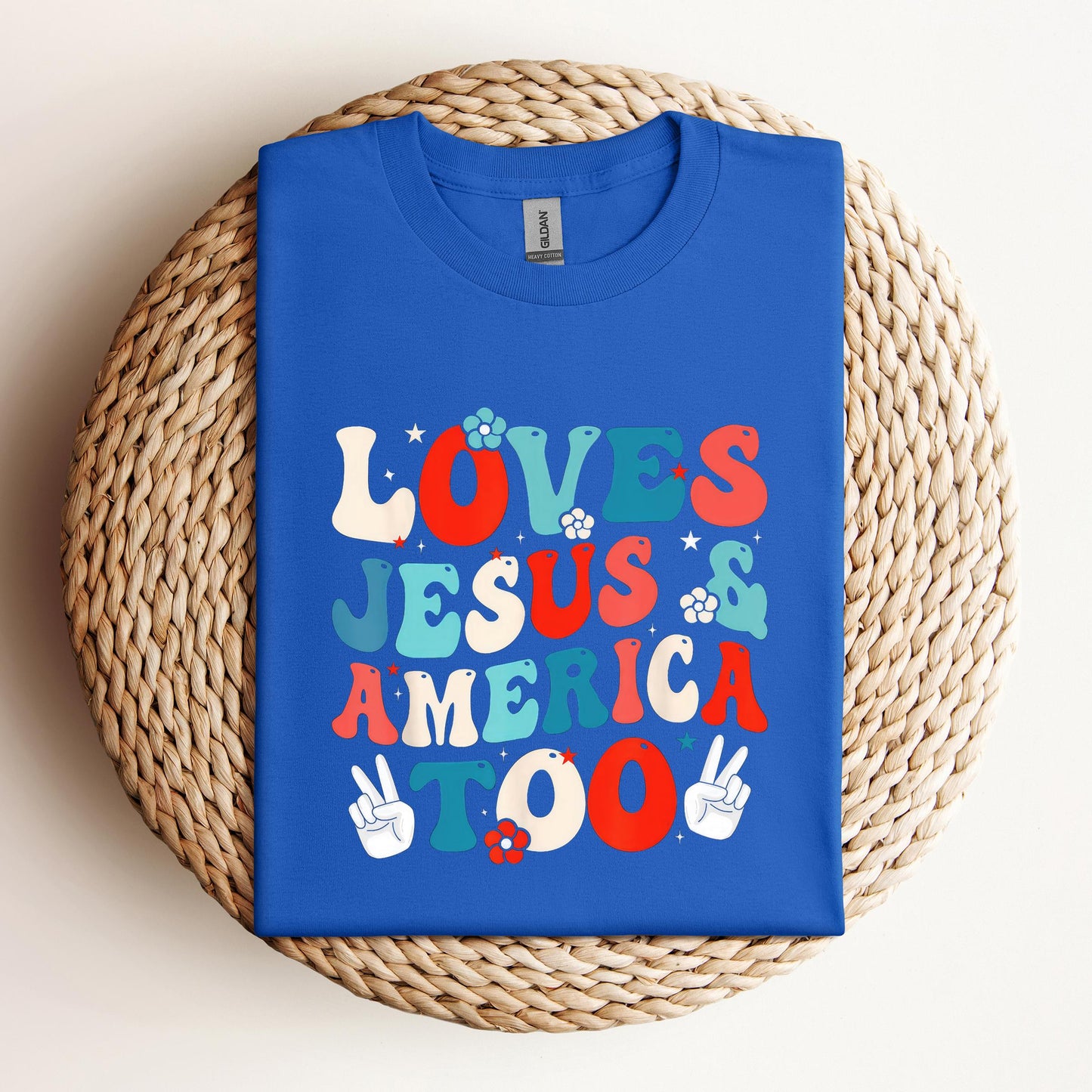 Loves Jesus and America Too Groovy 4th of July God Christian