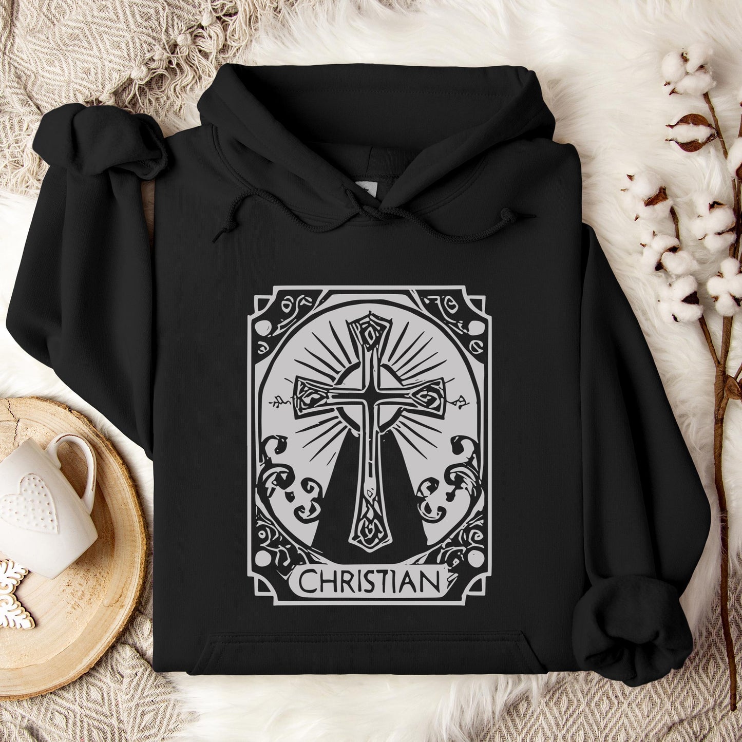Ornate Silver Grey Cross Christian Hoodie