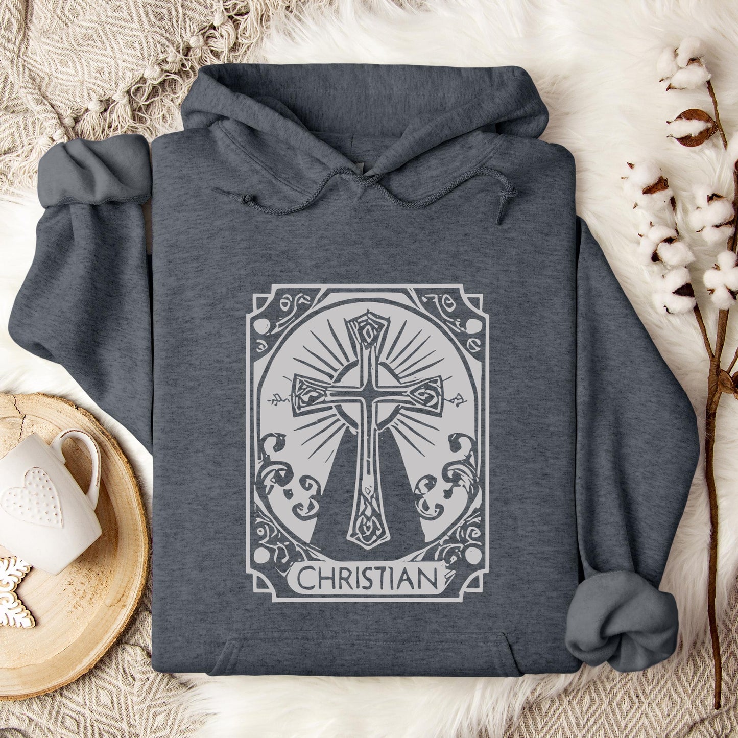 Ornate Silver Grey Cross Christian Hoodie
