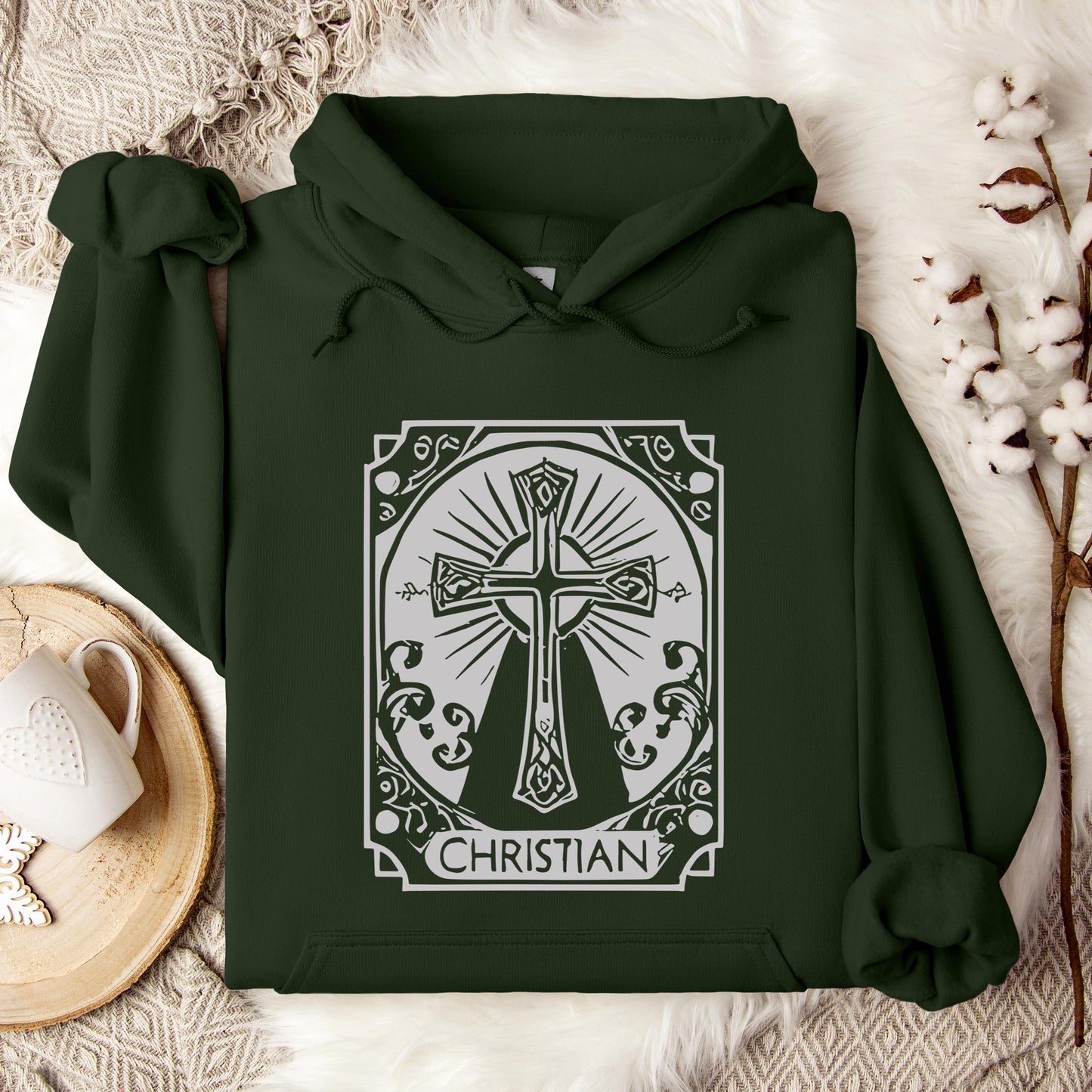Ornate Silver Grey Cross Christian Hoodie