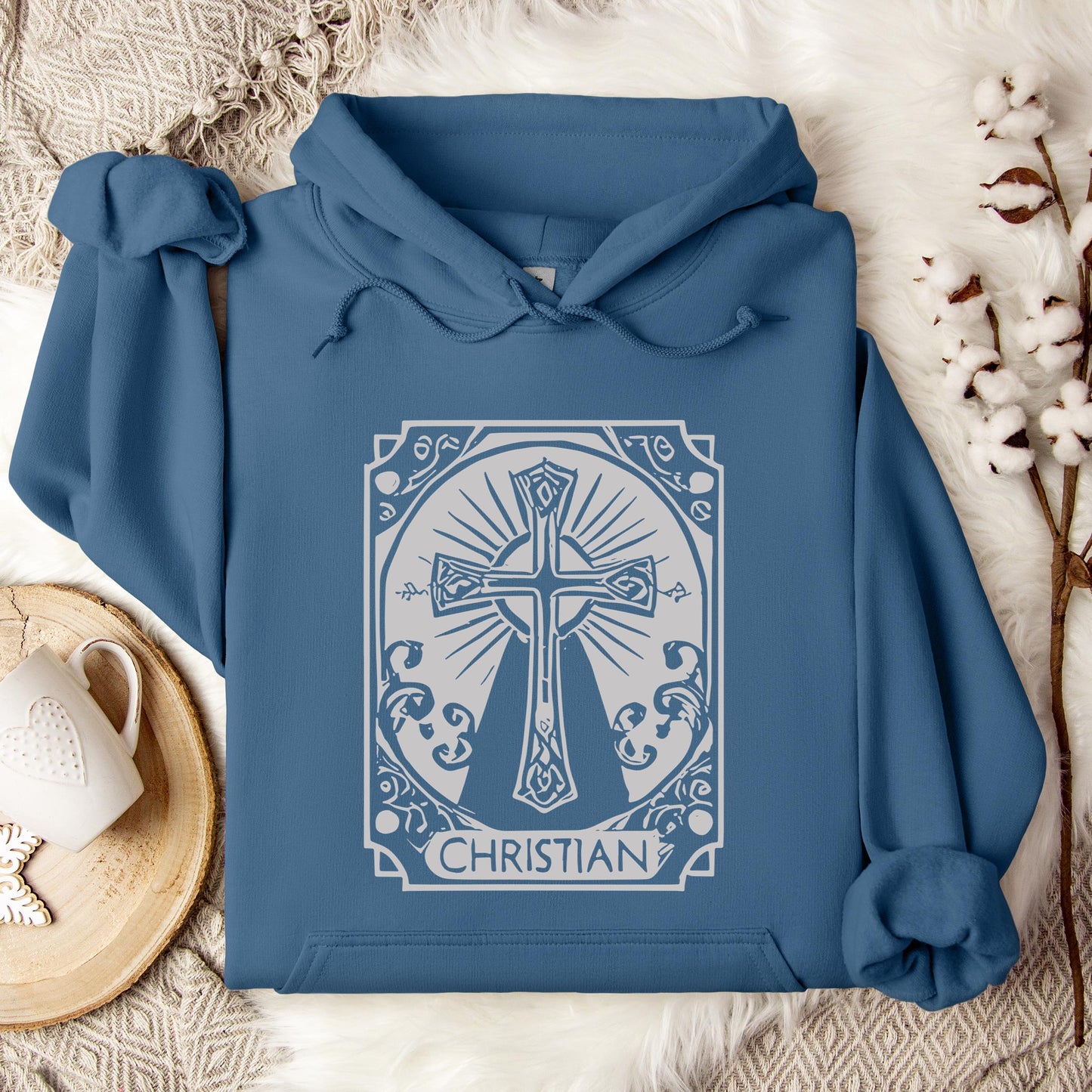 Ornate Silver Grey Cross Christian Hoodie