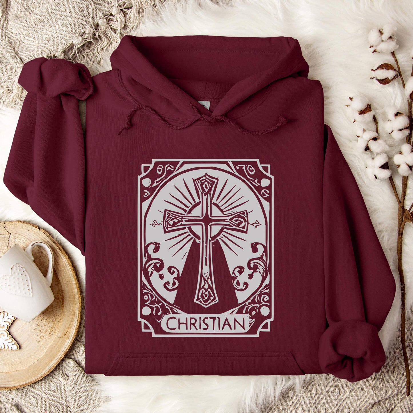Ornate Silver Grey Cross Christian Hoodie