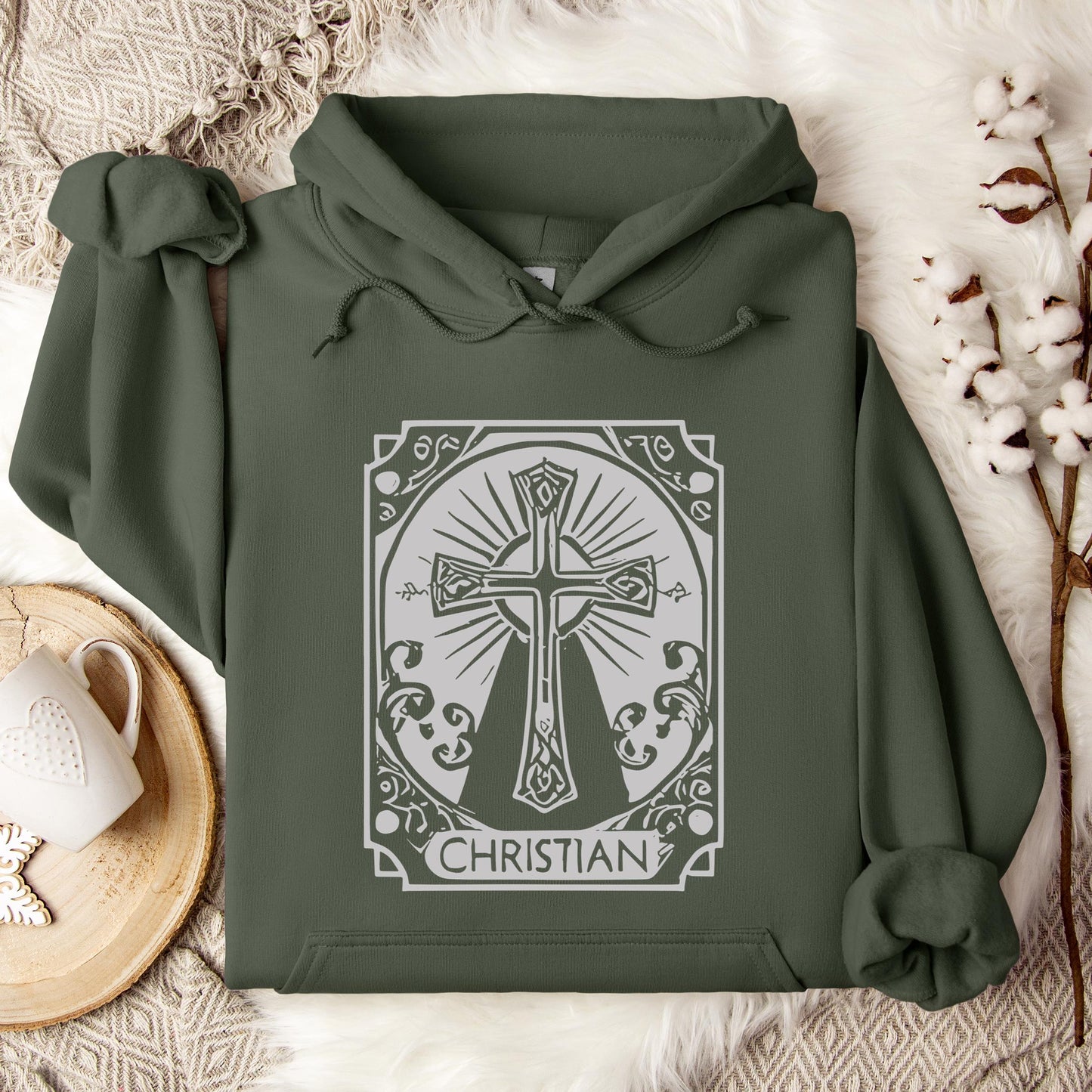 Ornate Silver Grey Cross Christian Hoodie