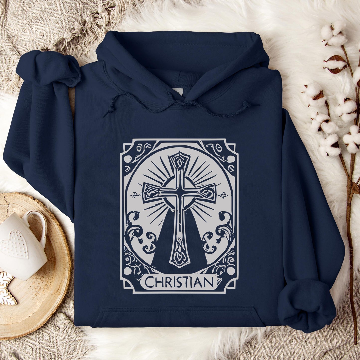 Ornate Silver Grey Cross Christian Hoodie