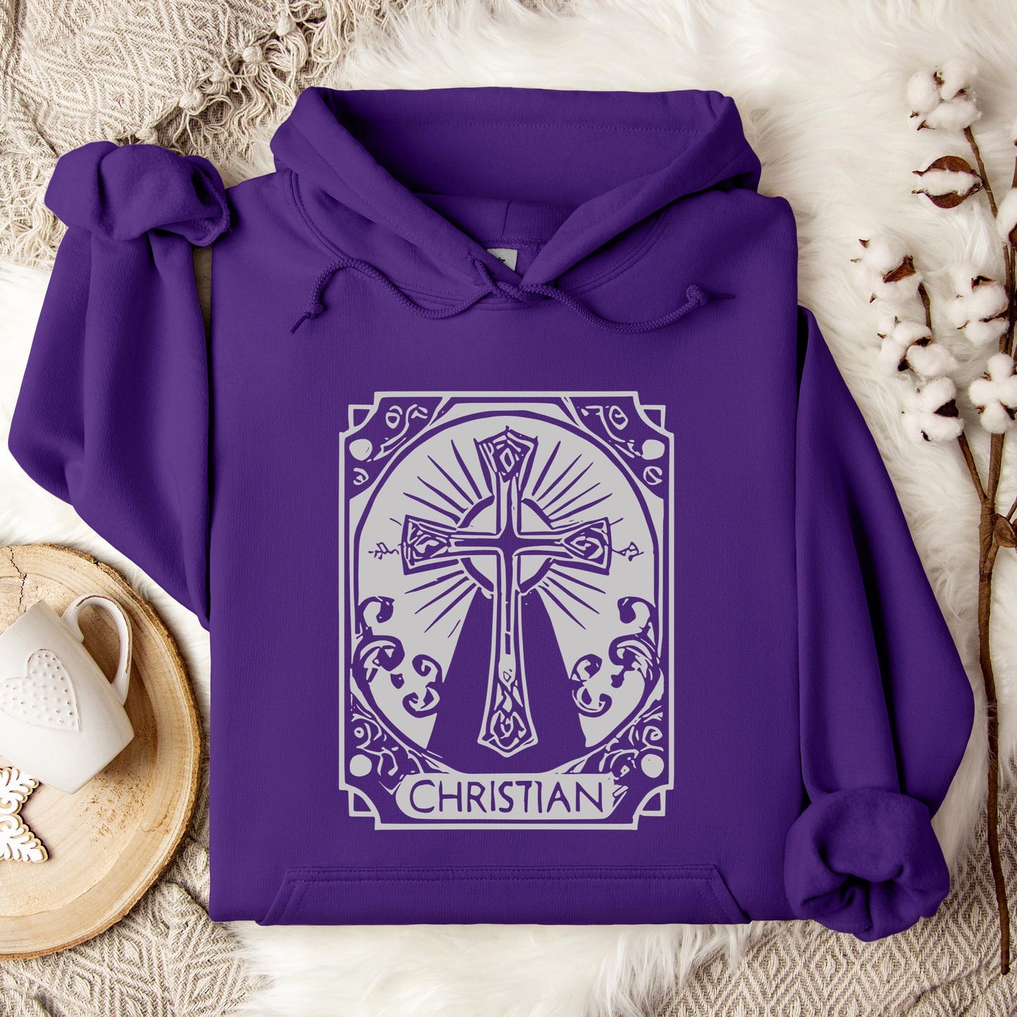 Ornate Silver Grey Cross Christian Hoodie