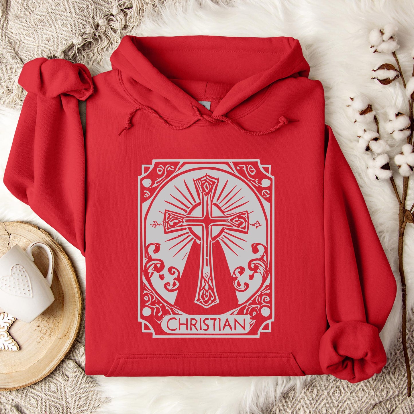 Ornate Silver Grey Cross Christian Hoodie