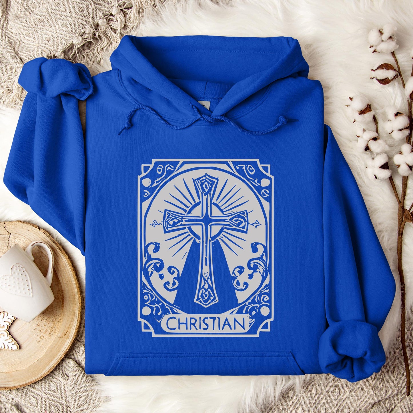 Ornate Silver Grey Cross Christian Hoodie